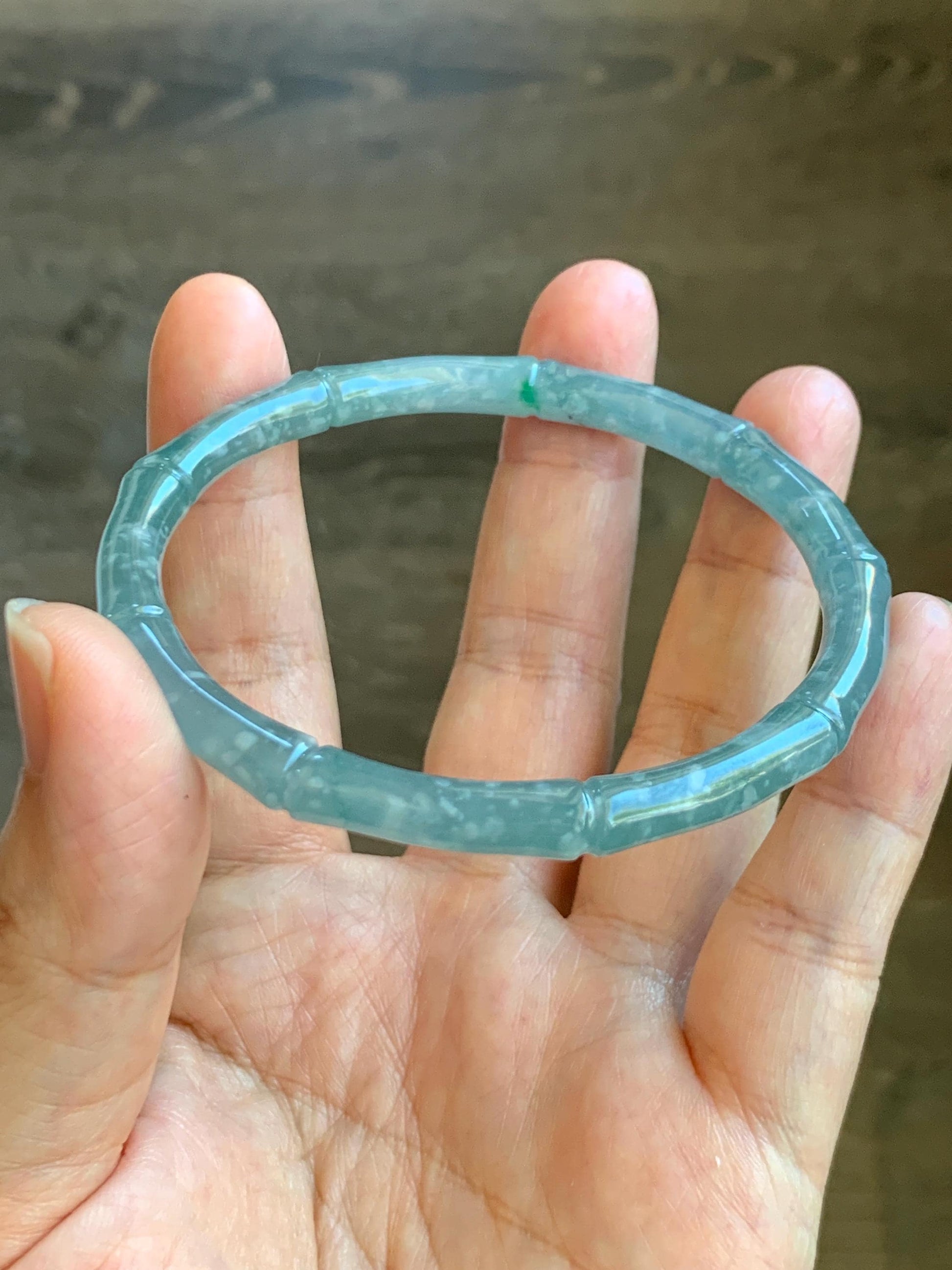 Certified Natural Grade A Guatemalan Icy Translucent Light Teal Blue Jade Jadeite Carved Bamboo Bangle 62.1mm 7.68” 21g 天然危浅篮翡翠竹节手镯 8754