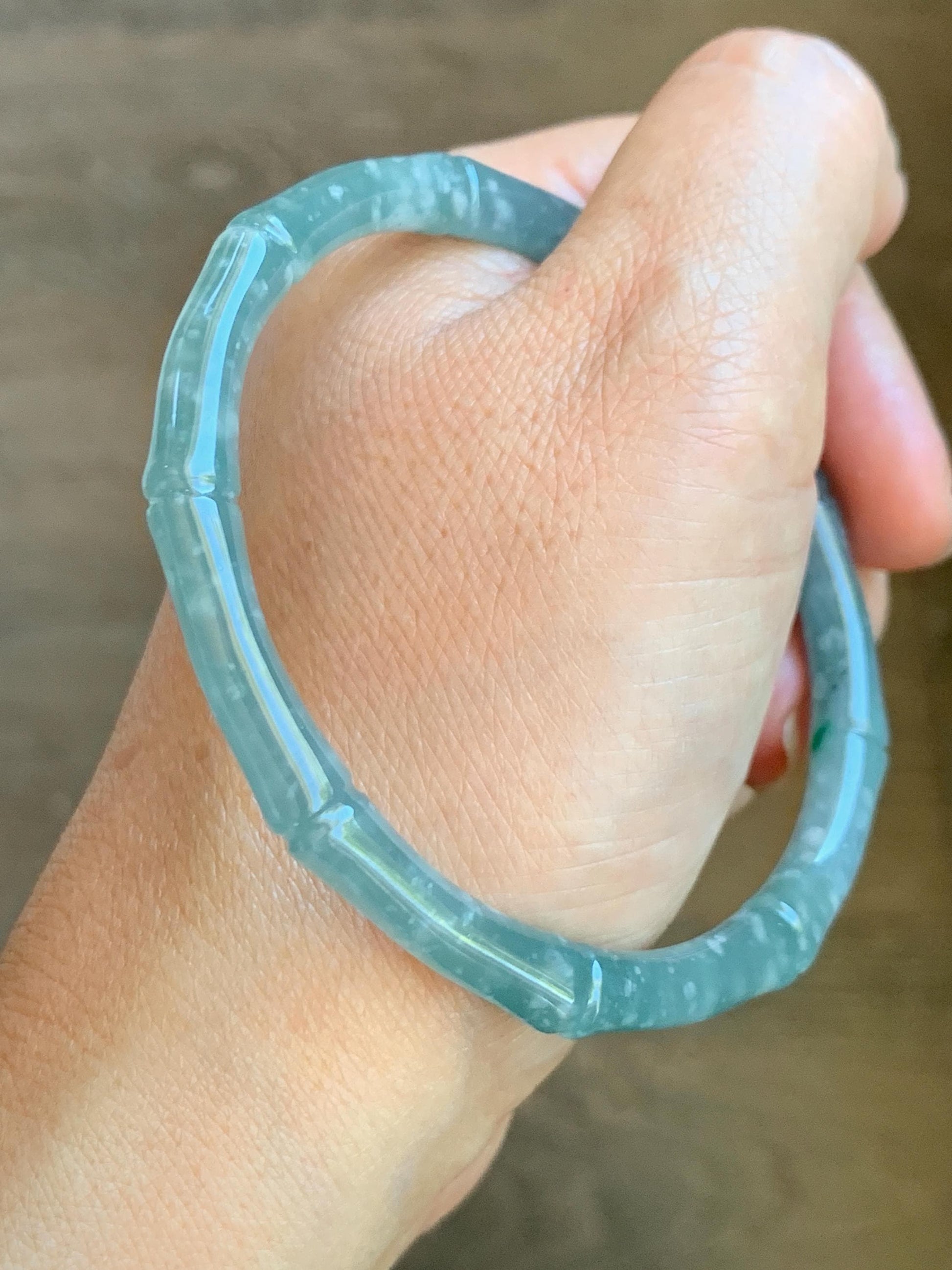 Certified Natural Grade A Guatemalan Icy Translucent Light Teal Blue Jade Jadeite Carved Bamboo Bangle 62.1mm 7.68” 21g 天然危浅篮翡翠竹节手镯 8754