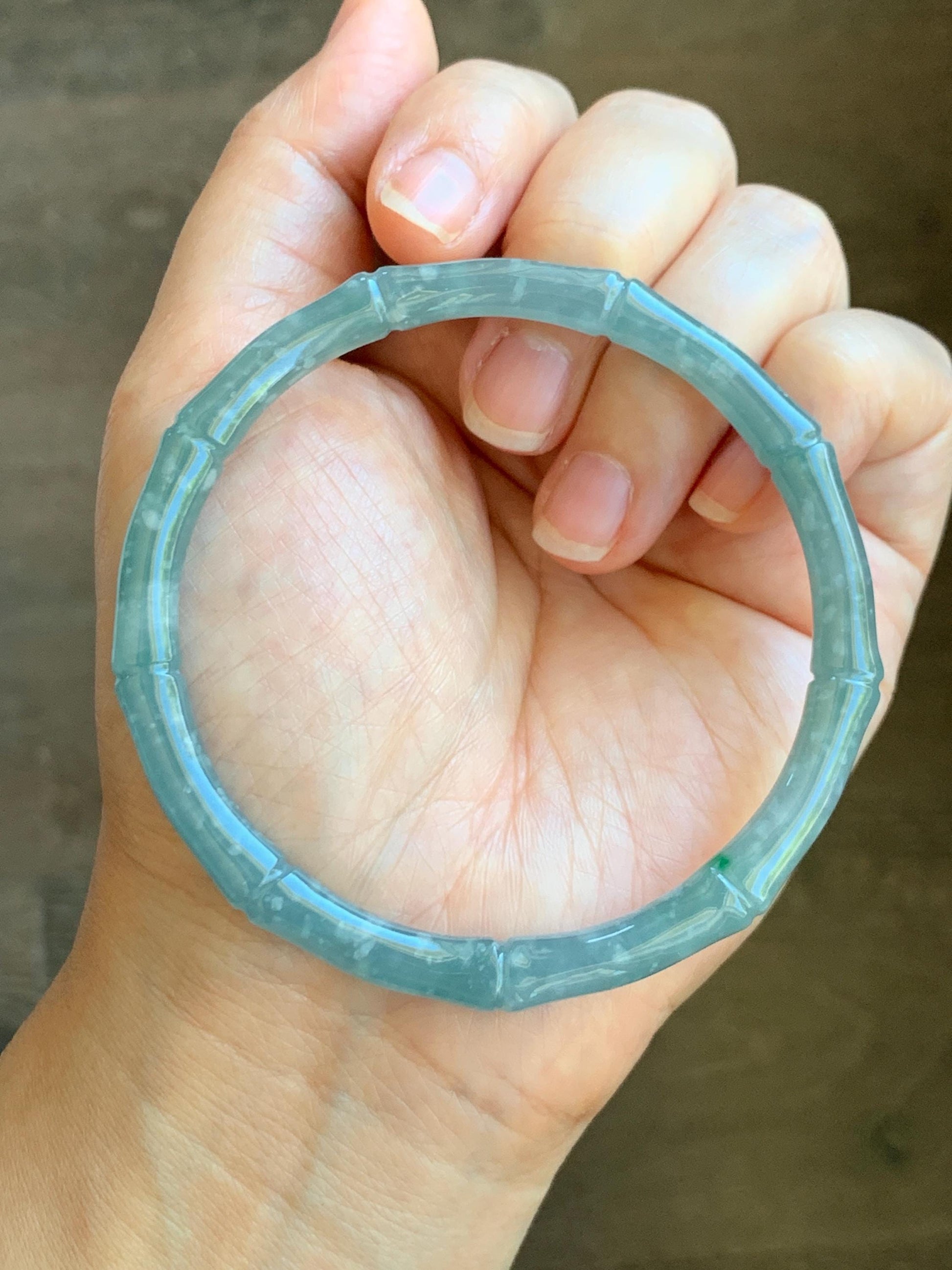 Certified Natural Grade A Guatemalan Icy Translucent Light Teal Blue Jade Jadeite Carved Bamboo Bangle 62.1mm 7.68” 21g 天然危浅篮翡翠竹节手镯 8754
