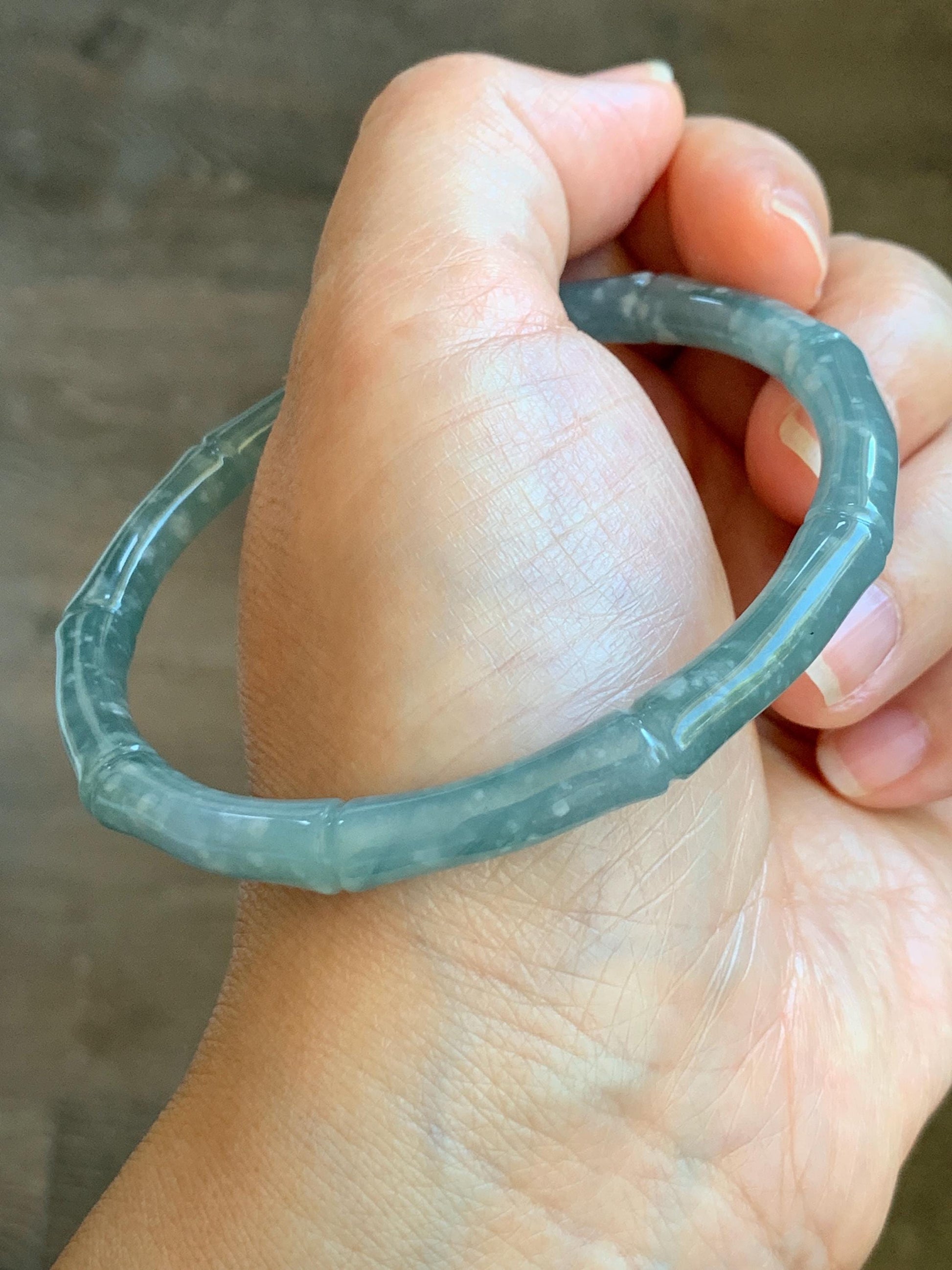 Certified Natural Grade A Guatemalan Icy Translucent Light Teal Blue Jade Jadeite Carved Bamboo Bangle 62.1mm 7.68” 21g 天然危浅篮翡翠竹节手镯 8754