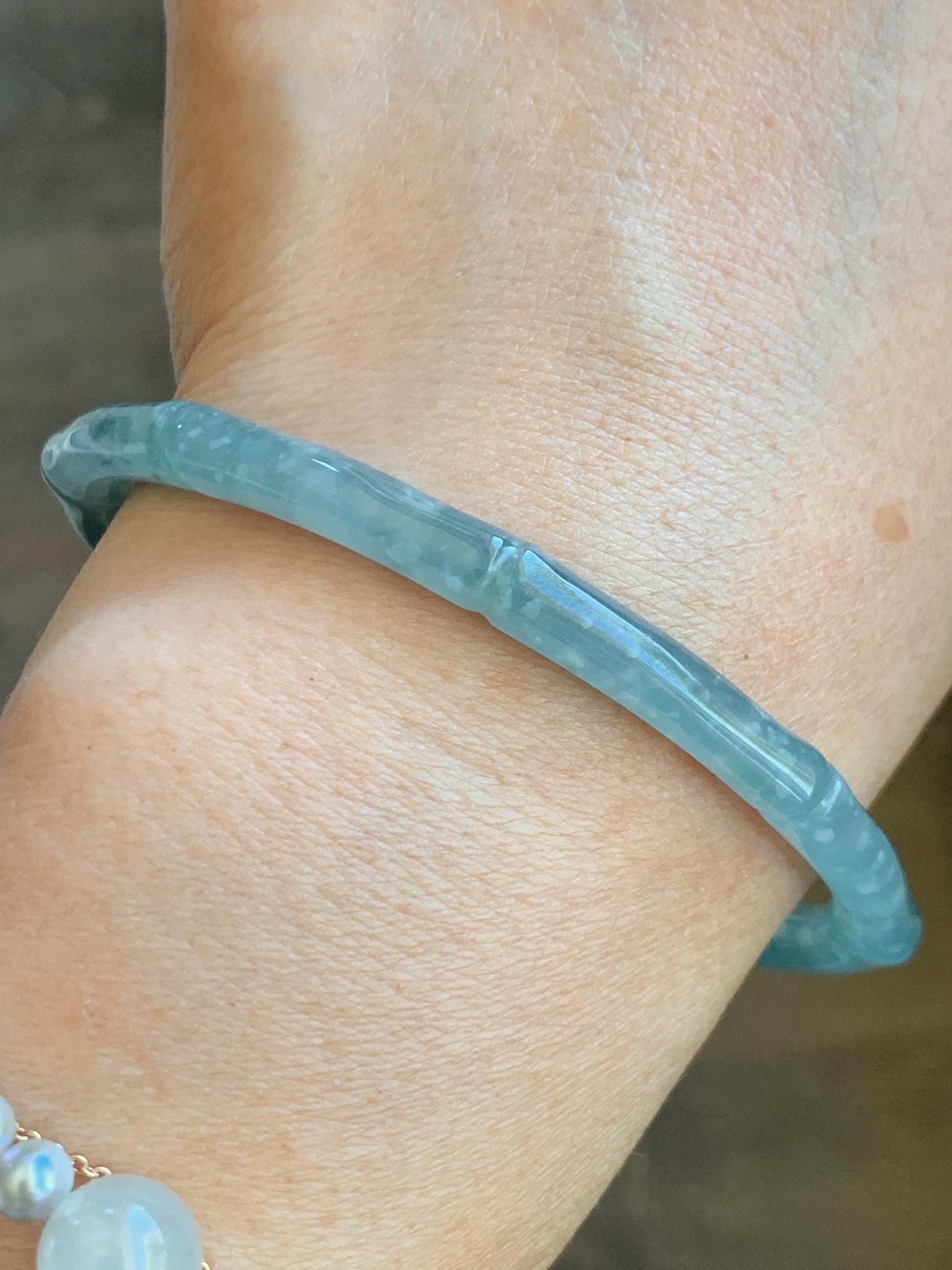 Certified Natural Grade A Guatemalan Icy Translucent Light Blue Jade Jadeite Carved Slim Bamboo Bangle 62.1mm 7.68” 17.87g 天然危浅篮翡翠竹节手镯 8796