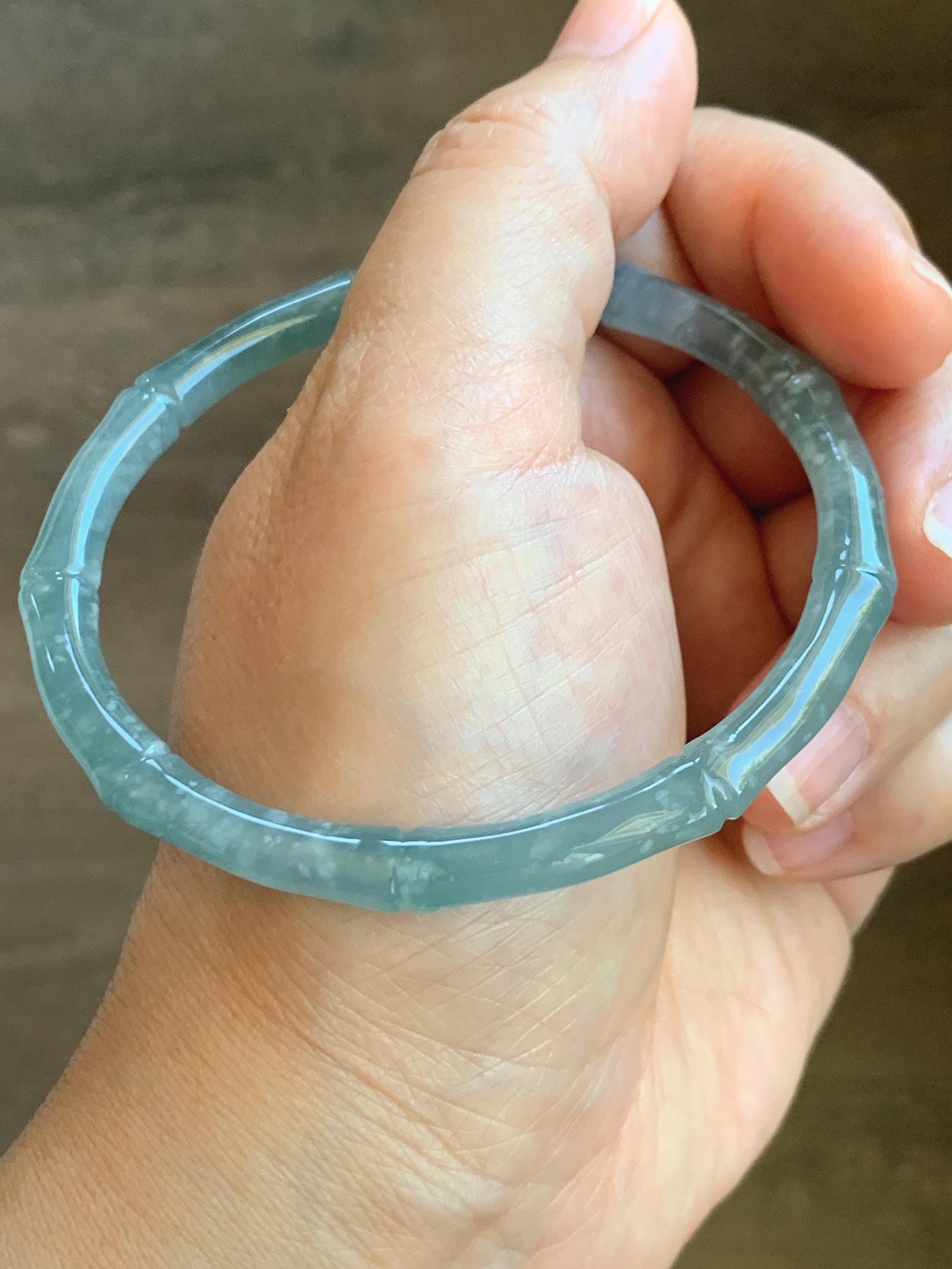 Certified Natural Grade A Guatemalan Icy Translucent Light Blue Jade Jadeite Carved Slim Bamboo Bangle 62.1mm 7.68” 17.87g 天然危浅篮翡翠竹节手镯 8796
