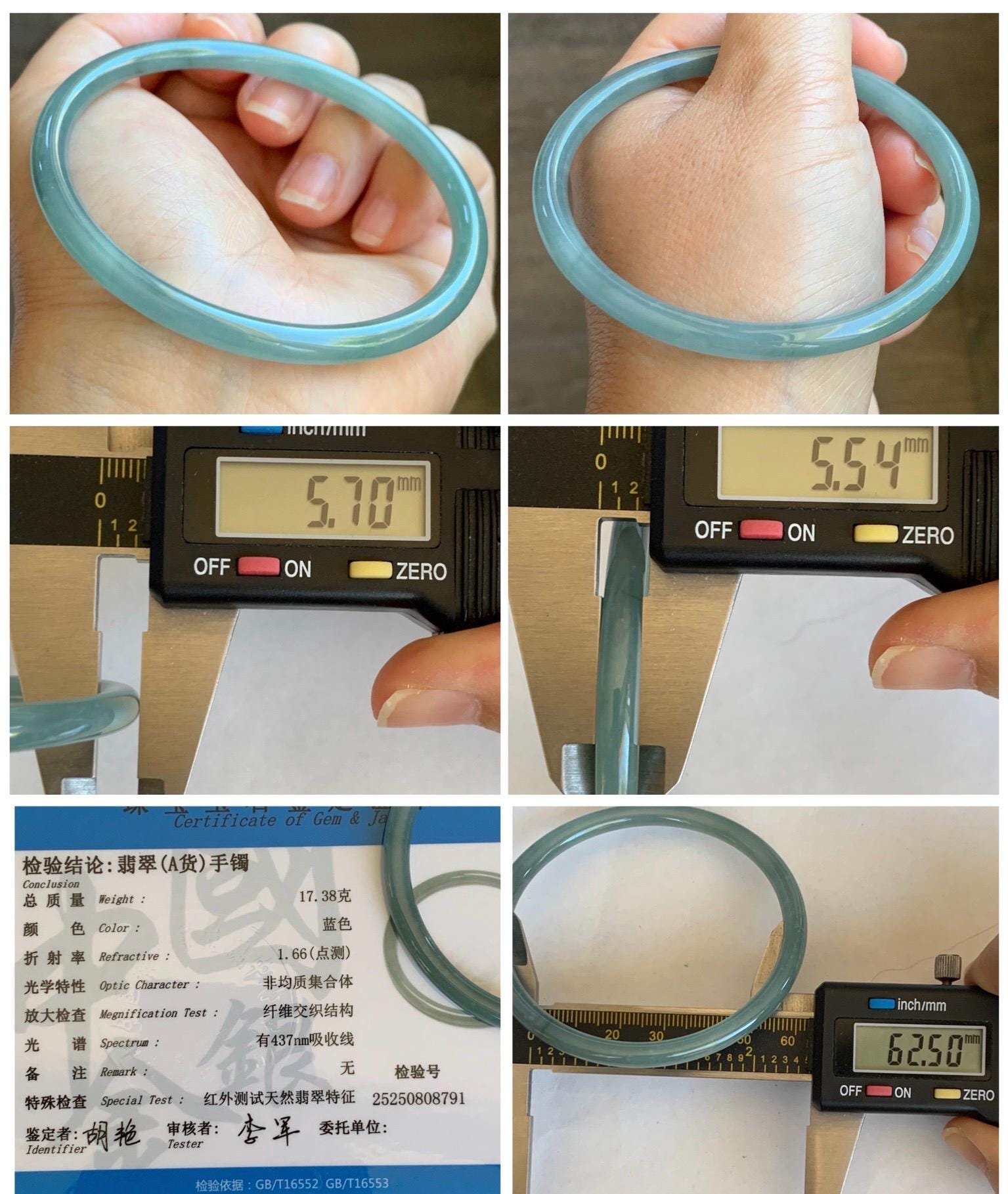 Certified Natural Grade A Guatemalan Icy Translucent Dusty Teal Blue Jade Jadeite Slim Bangle 62.5mm 7.72” 8791 天然冰胶危暗蓝翡翠细圆条手镯 8791