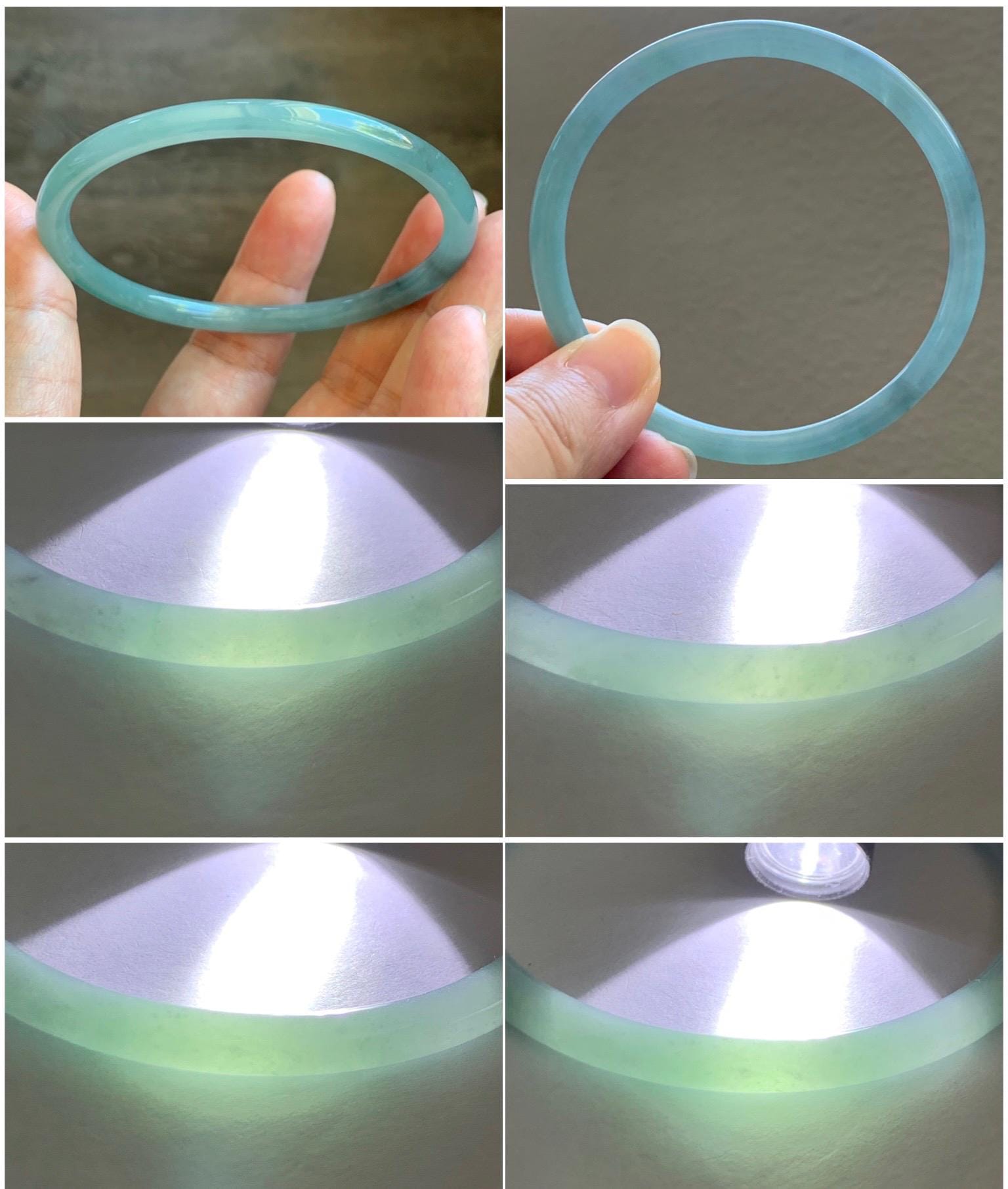 Certified Natural Grade A Guatemalan Icy Translucent Dusty Teal Blue Jade Jadeite Slim Bangle 62.5mm 7.72” 8791 天然冰胶危暗蓝翡翠细圆条手镯 8791