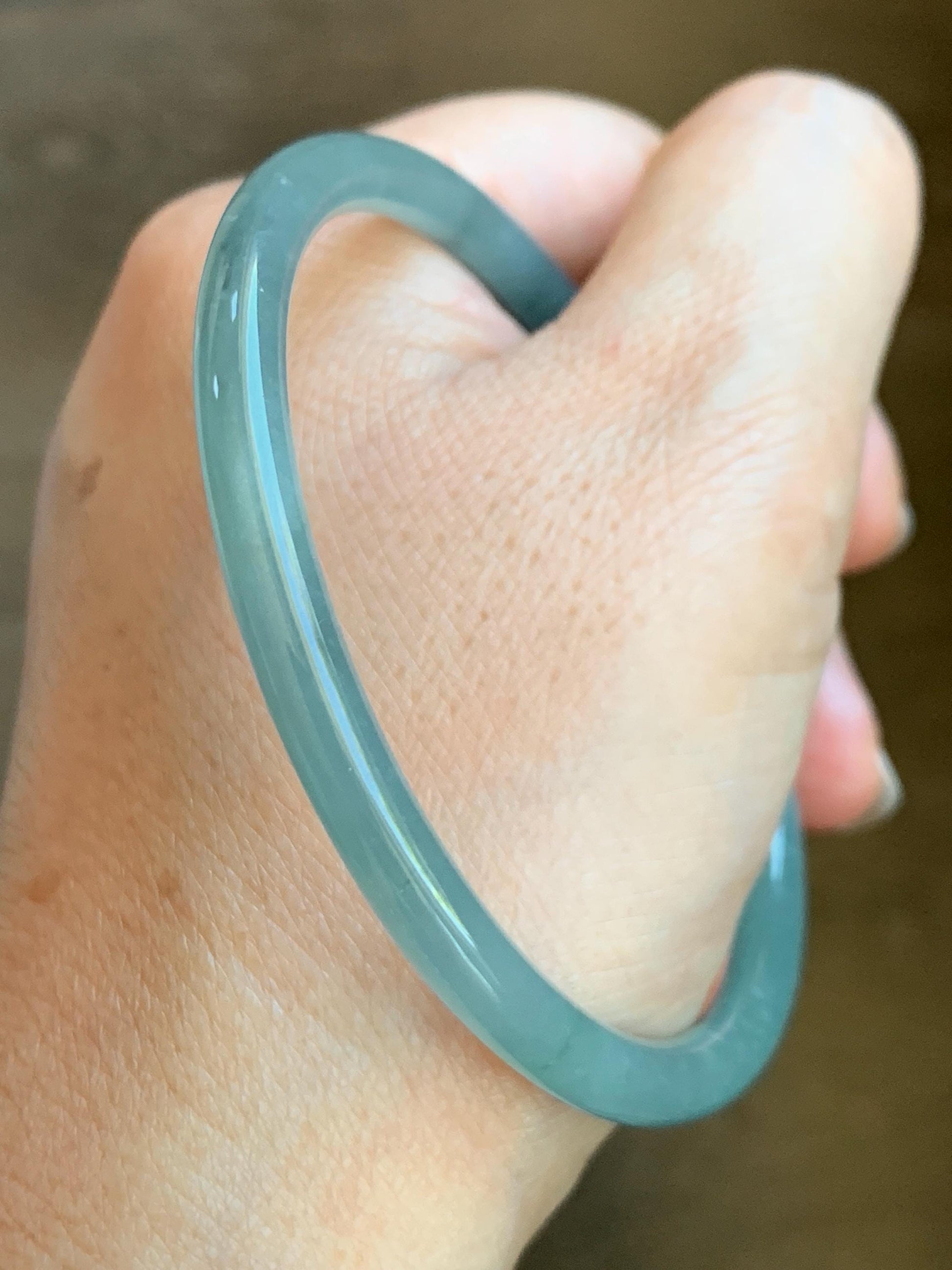 Certified Natural Grade A Guatemalan Icy Translucent Dusty Teal Blue Jade Jadeite Slim Bangle 62.5mm 7.72” 8791 天然冰胶危暗蓝翡翠细圆条手镯 8791
