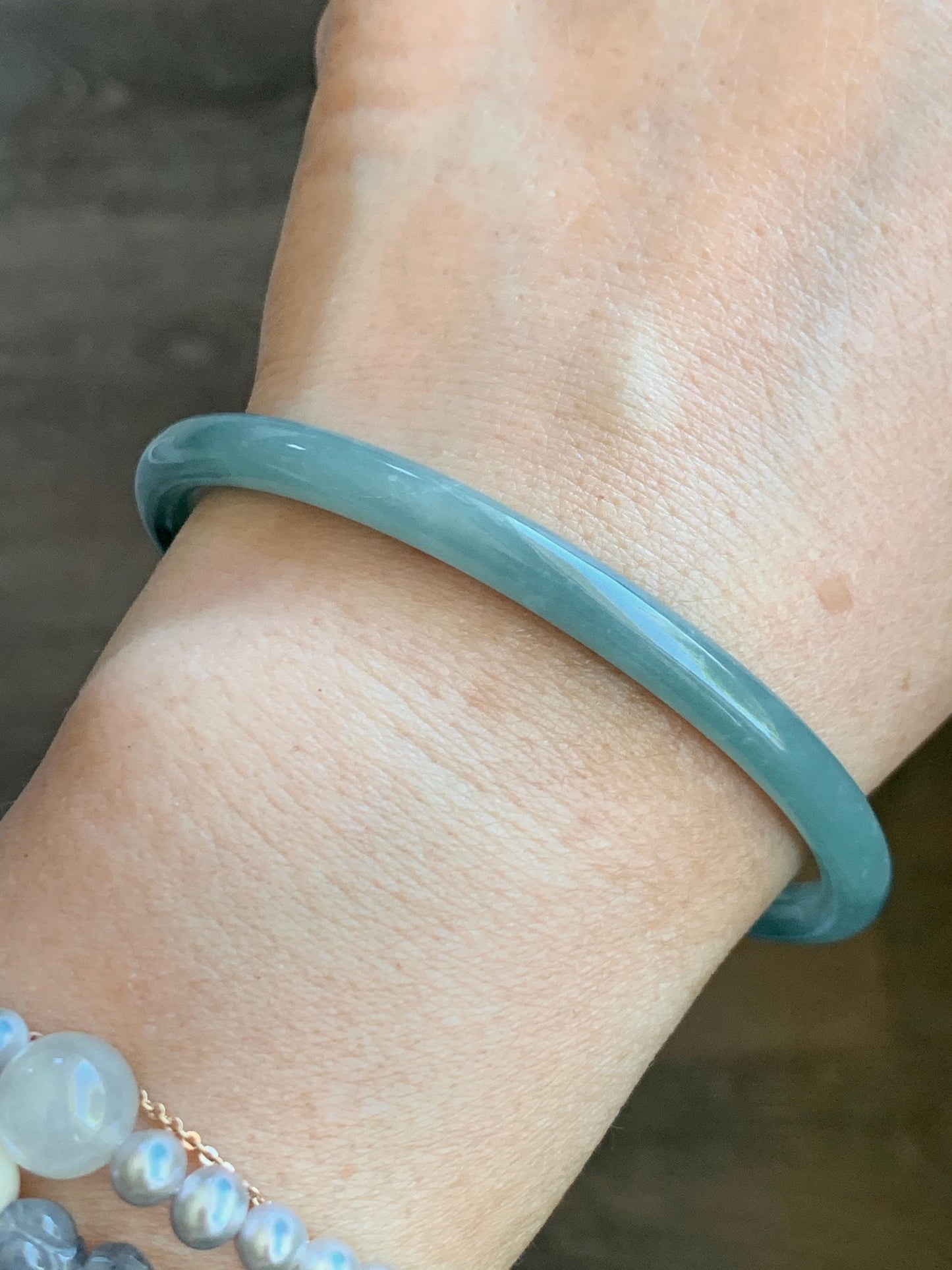 Certified Natural Grade A Guatemalan Icy Translucent Dusty Teal Blue Jade Jadeite Slim Bangle 62.5mm 7.72” 8791 天然冰胶危暗蓝翡翠细圆条手镯 8791