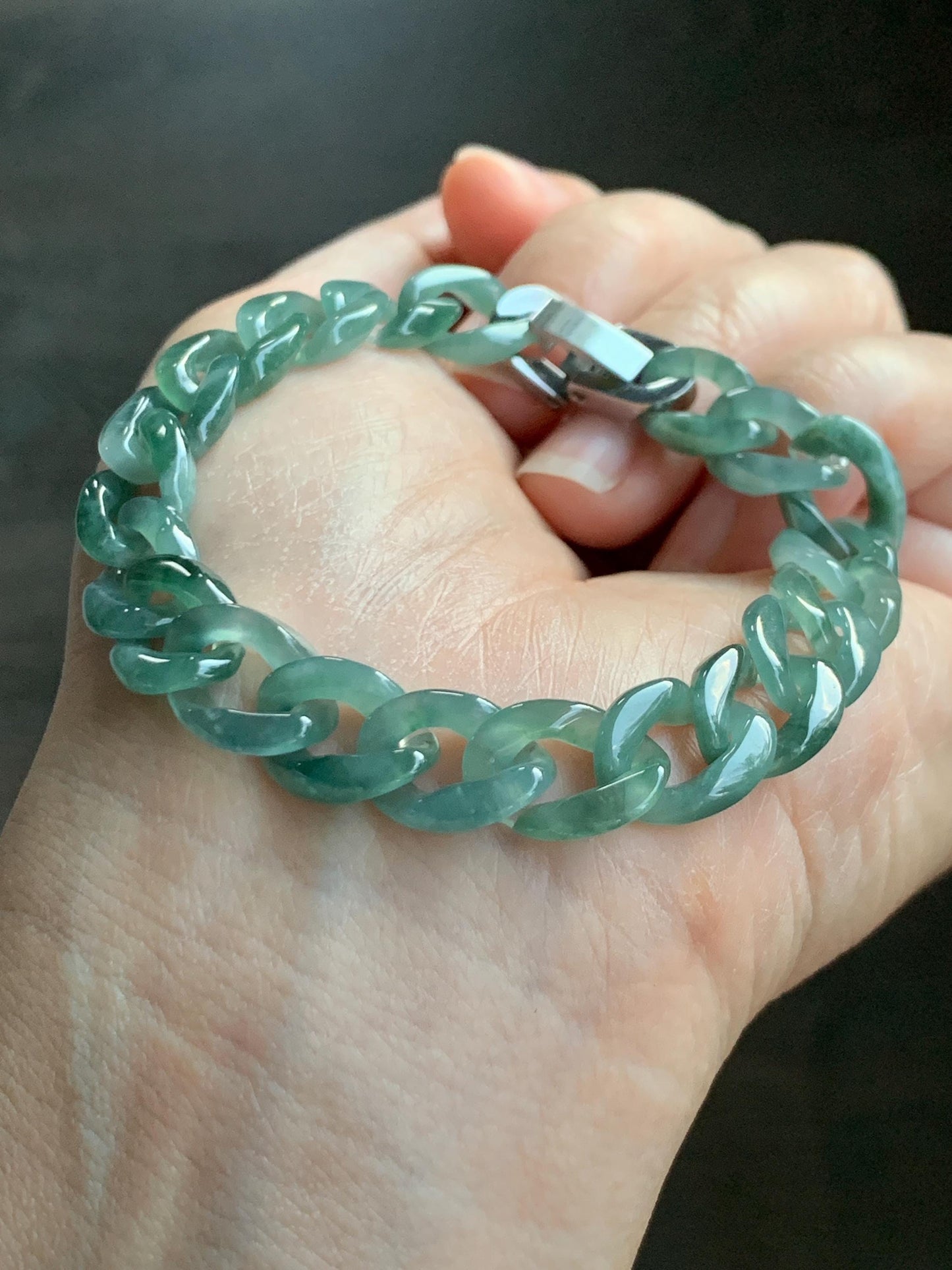 Natural Grade A Guatemalan Icy Translucent Light Green Jade Jadeite Carved Curb Chain Bracelet Stainless Steel 7” 12g 天然冰胶危浅绿翡翠链手链 CBW108