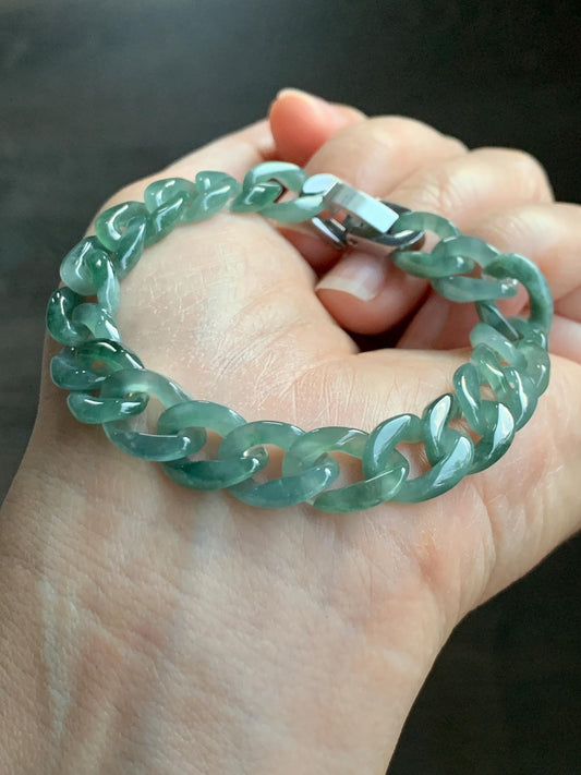 Natural Grade A Guatemalan Icy Translucent Light Green Jade Jadeite Carved Curb Chain Bracelet Stainless Steel 7” 12g 天然冰胶危浅绿翡翠链手链 CBW108