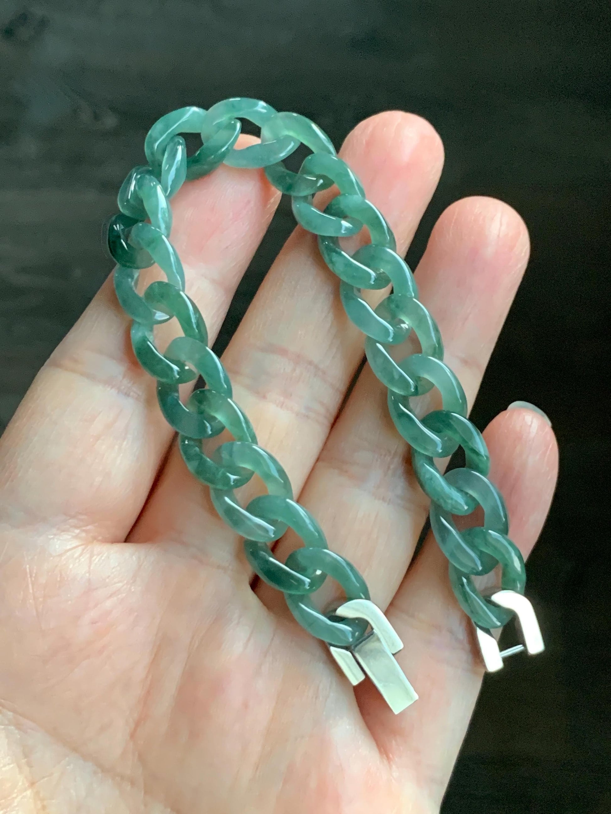 Natural Grade A Guatemalan Icy Translucent Light Green Jade Jadeite Carved Curb Chain Bracelet Stainless Steel 7” 12g 天然冰胶危浅绿翡翠链手链 CBW108