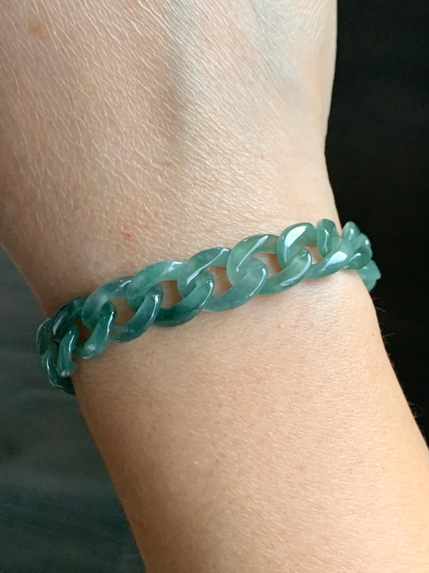 Natural Grade A Guatemalan Icy Translucent Light Green Jade Jadeite Carved Curb Chain Bracelet Stainless Steel 7” 12g 天然冰胶危浅绿翡翠链手链 CBW108