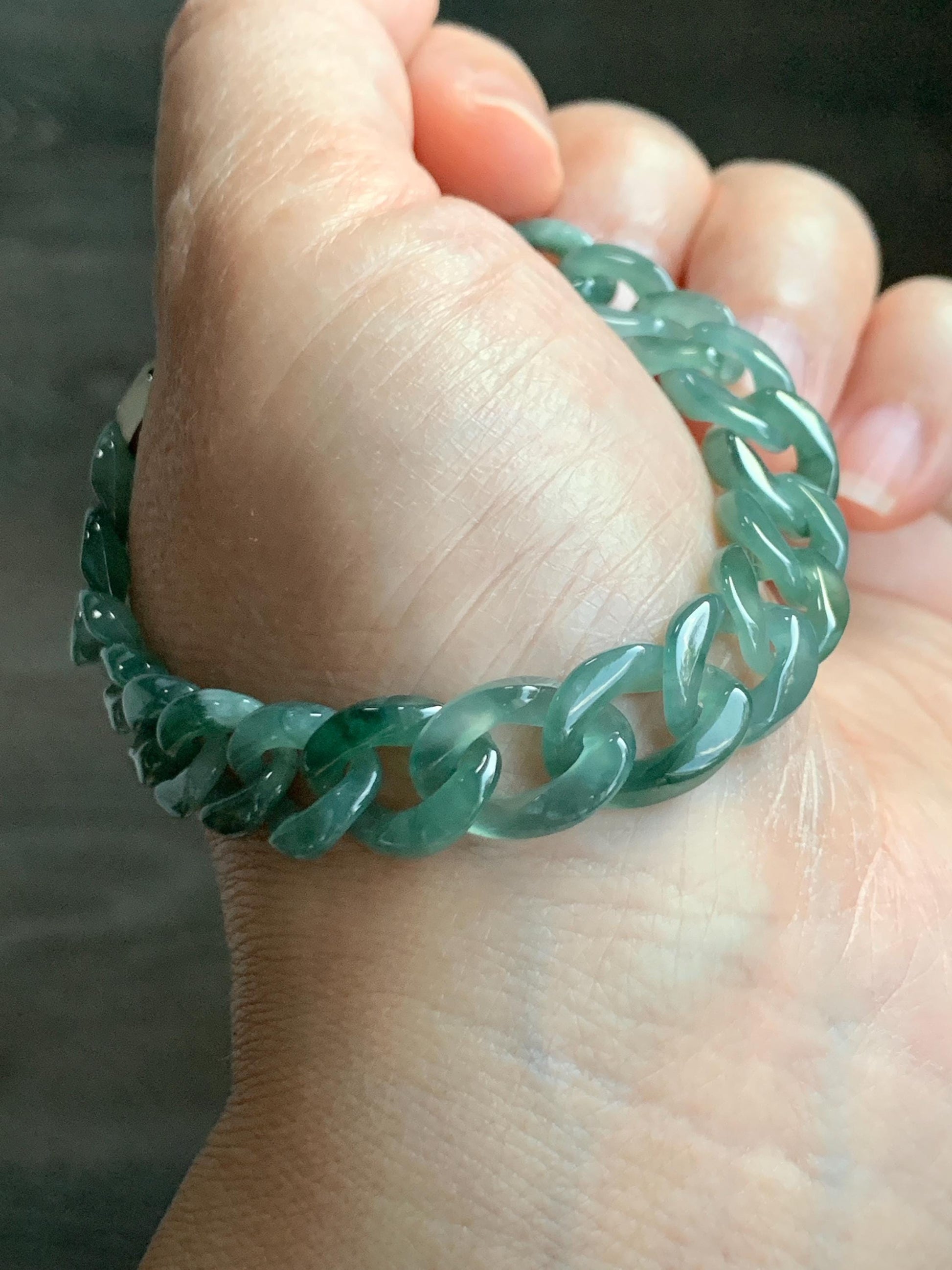 Natural Grade A Guatemalan Icy Translucent Light Green Jade Jadeite Carved Curb Chain Bracelet Stainless Steel 7” 12g 天然冰胶危浅绿翡翠链手链 CBW108