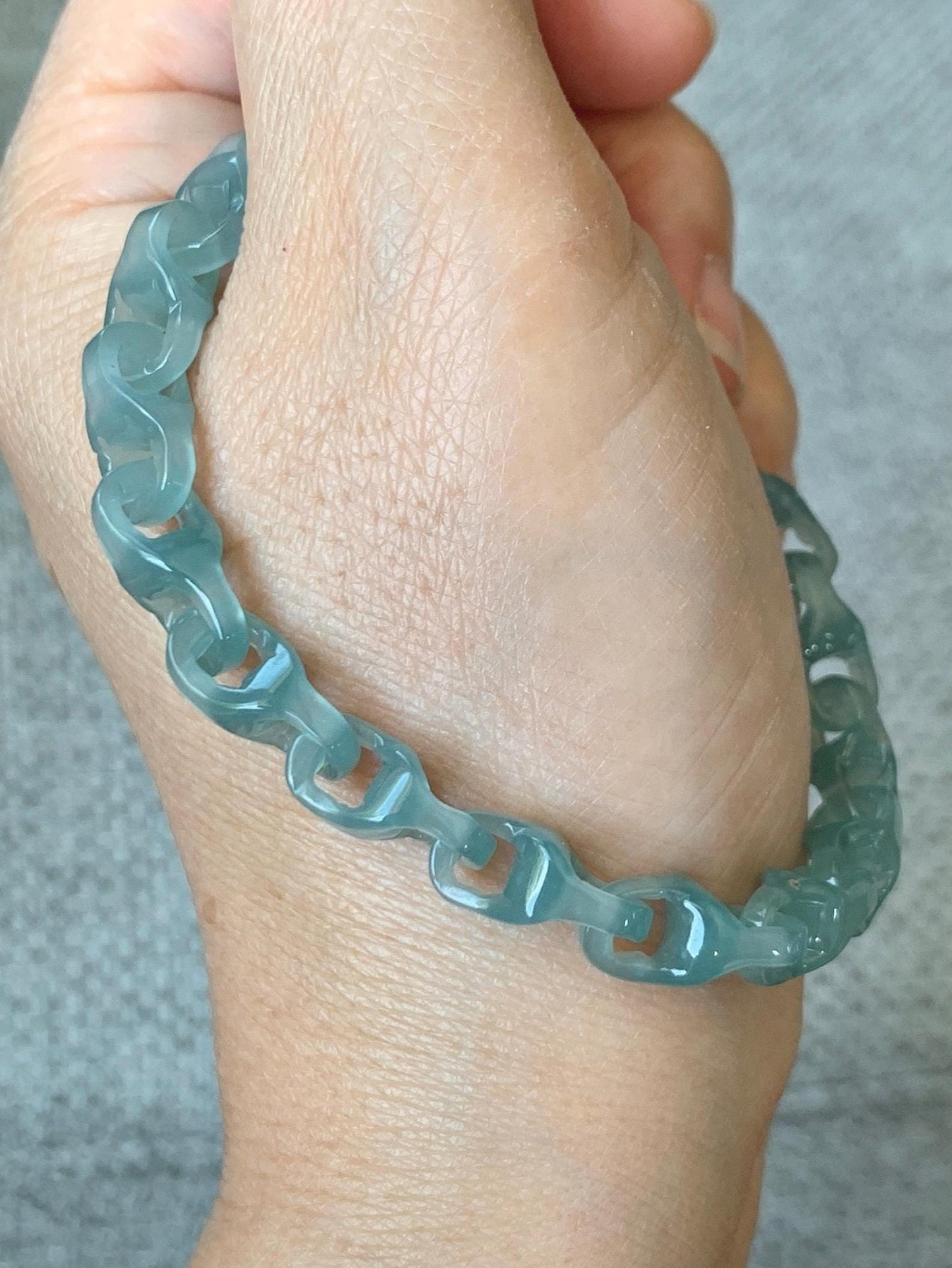 Natural Guatemalan Icy Teal Jade Jadeite Carved Interlocking Dragon Bone Chain Bracelet Sterling Silver Adjustable 天然冰胶危起光翡翠龙骨链 QWL550
