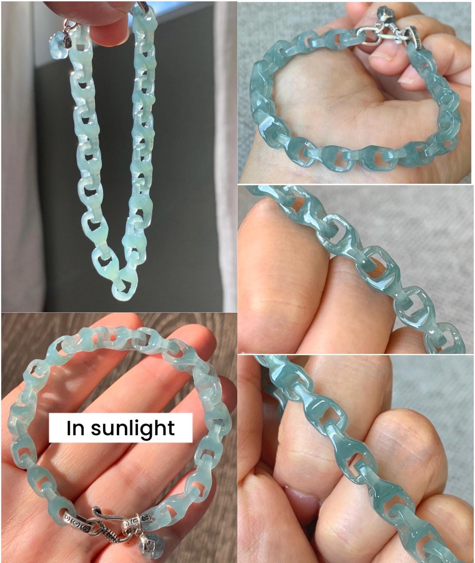 Natural Guatemalan Icy Teal Jade Jadeite Carved Interlocking Dragon Bone Chain Bracelet Sterling Silver Adjustable 天然冰胶危起光翡翠龙骨链 QWL550