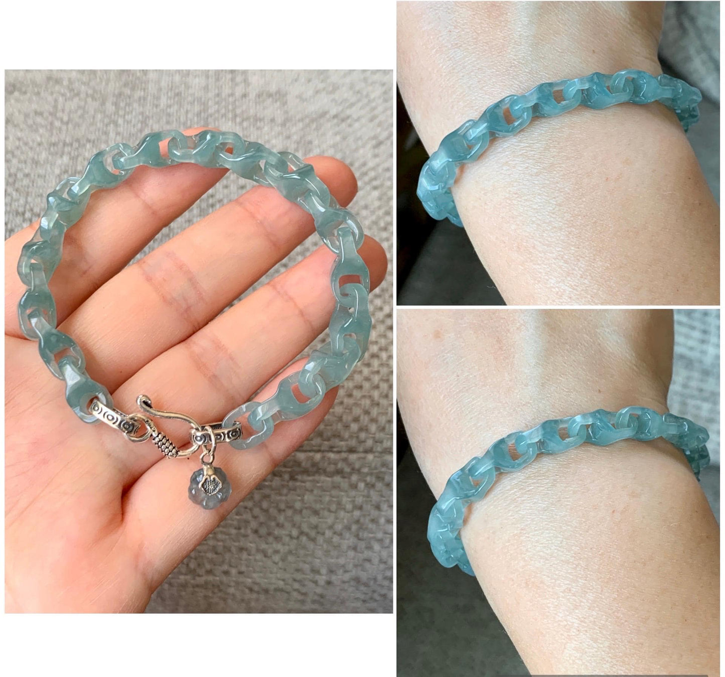 Natural Guatemalan Icy Teal Jade Jadeite Carved Interlocking Dragon Bone Chain Bracelet Sterling Silver Adjustable 天然冰胶危起光翡翠龙骨链 QWL550