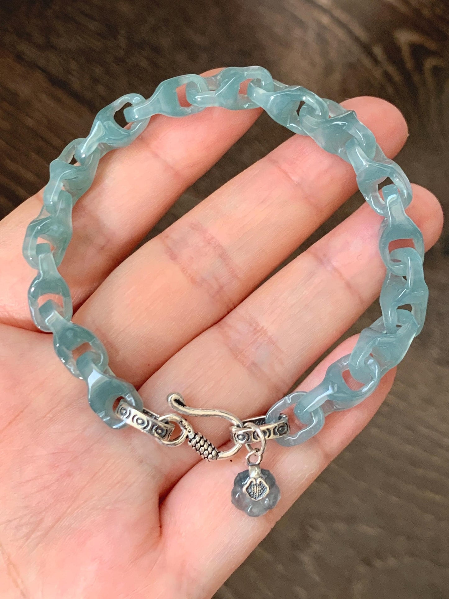 Natural Guatemalan Icy Teal Jade Jadeite Carved Interlocking Dragon Bone Chain Bracelet Sterling Silver Adjustable 天然冰胶危起光翡翠龙骨链 QWL550