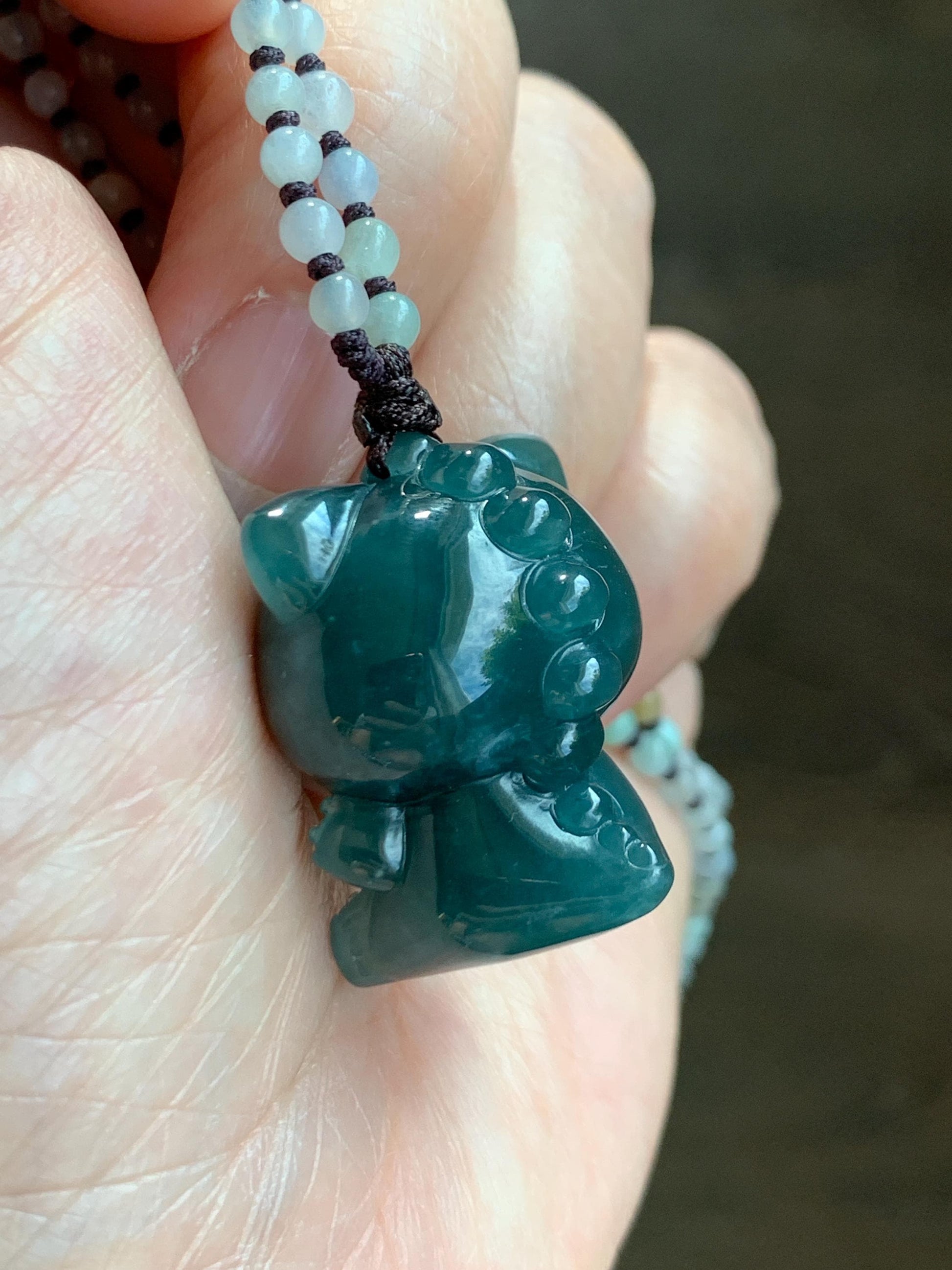 Natural Grade A Guatemalan Icy Translucent Dark Teal Blue Jade Jadeite Carved Monster Doll Pendant Beaded Necklace 23.5” 天然冰危深蓝绿翡翠吊坠 LBB138