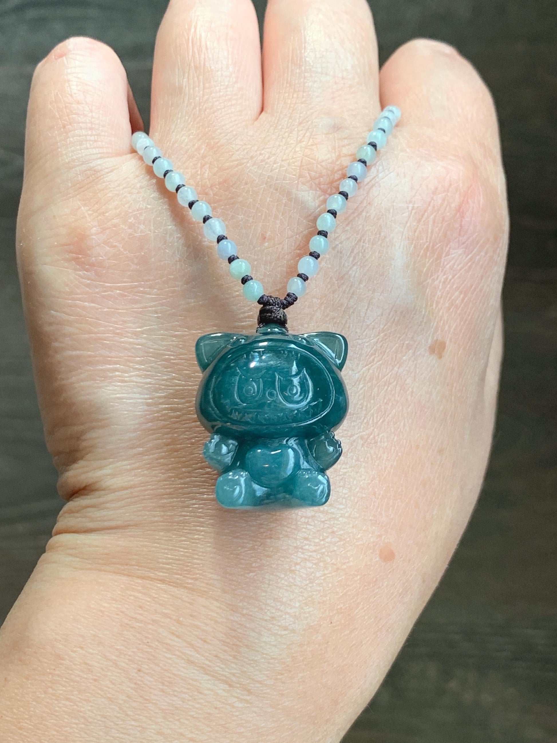 Natural Grade A Guatemalan Icy Translucent Dark Teal Blue Jade Jadeite Carved Monster Doll Pendant Beaded Necklace 23.5” 天然冰危深蓝绿翡翠吊坠 LBB138