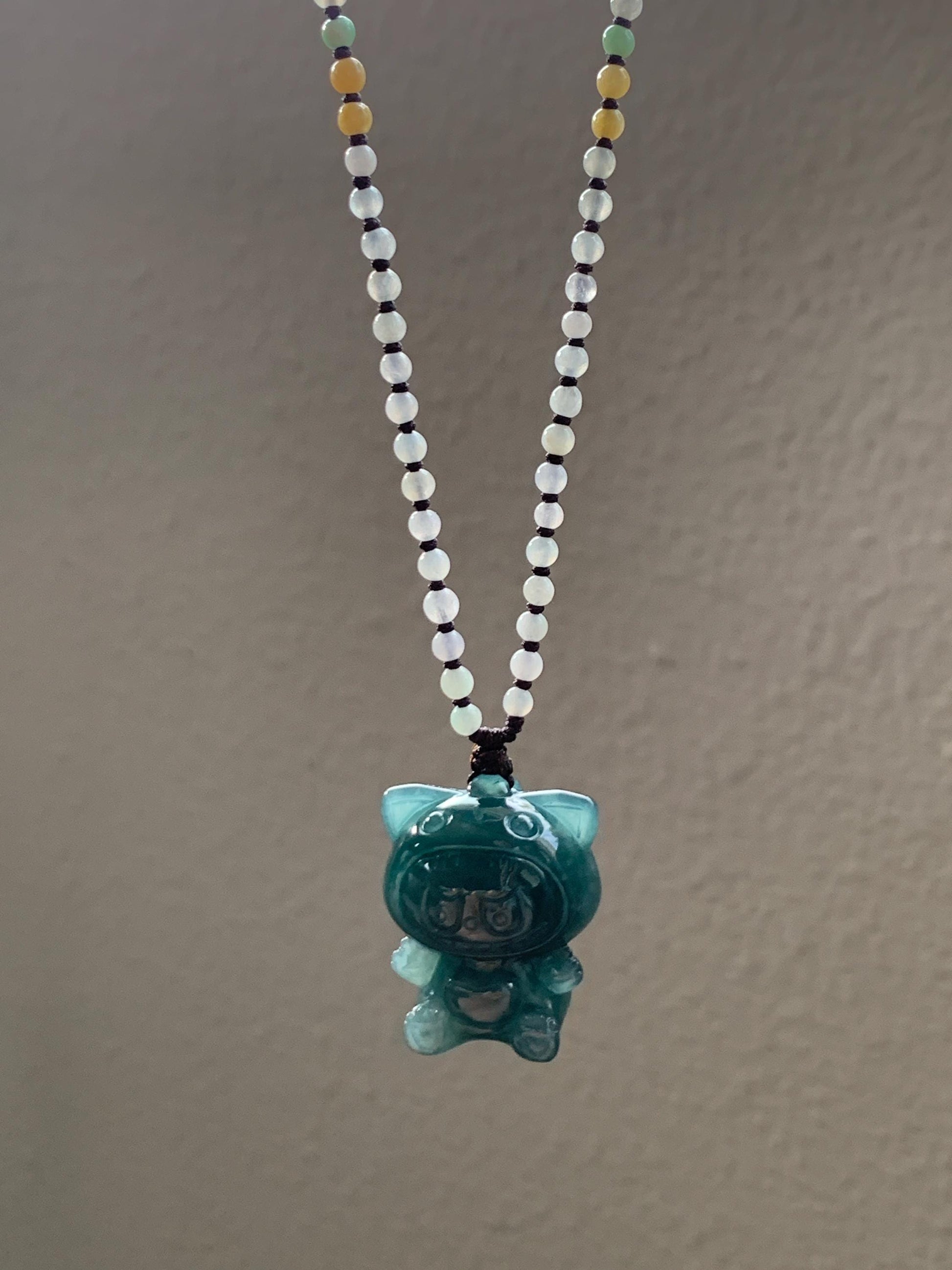 Natural Grade A Guatemalan Icy Translucent Dark Teal Blue Jade Jadeite Carved Monster Doll Pendant Beaded Necklace 23.5” 天然冰危深蓝绿翡翠吊坠 LBB138