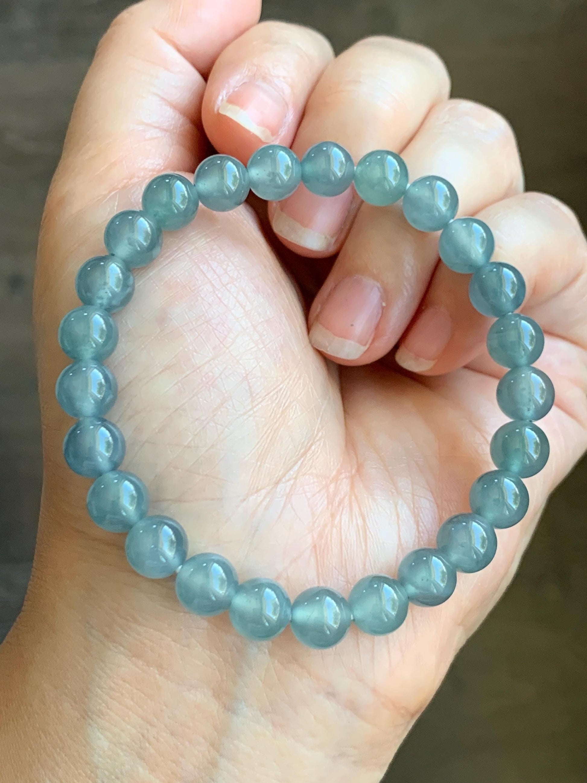 Natural Grade A Guatemalan Icy Highly Translucent Light Teal Blue Jadeite Beaded Bracelet 7.8mm 7.25” 20g 天然冰危浅蓝水翡翠手串 QWL450A