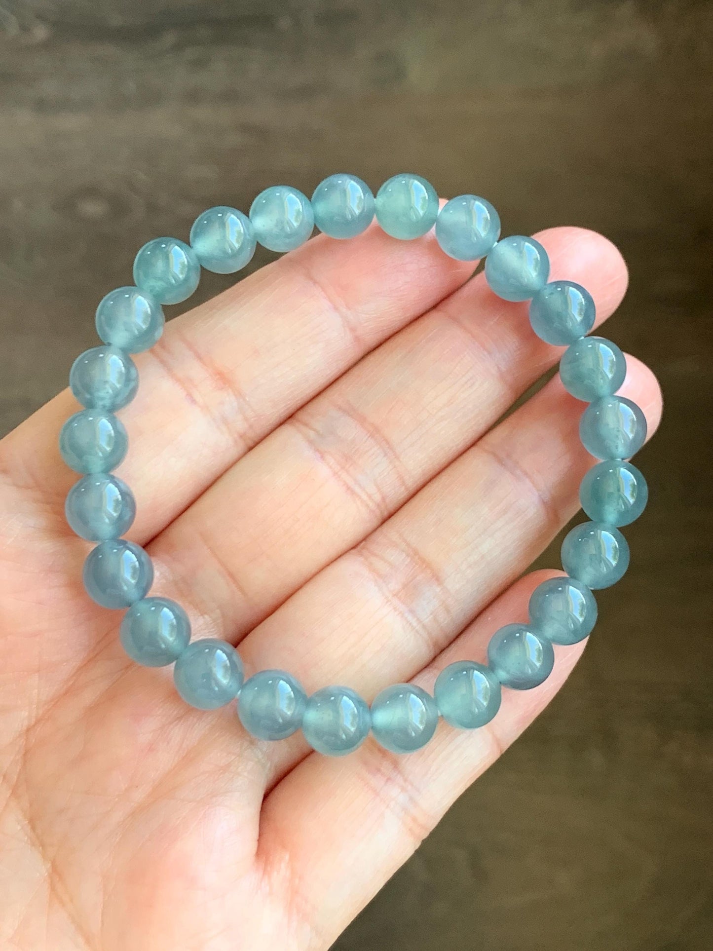 Natural Grade A Guatemalan Icy Highly Translucent Light Teal Blue Jadeite Beaded Bracelet 7.8mm 7.25” 20g 天然冰危浅蓝水翡翠手串 QWL450A