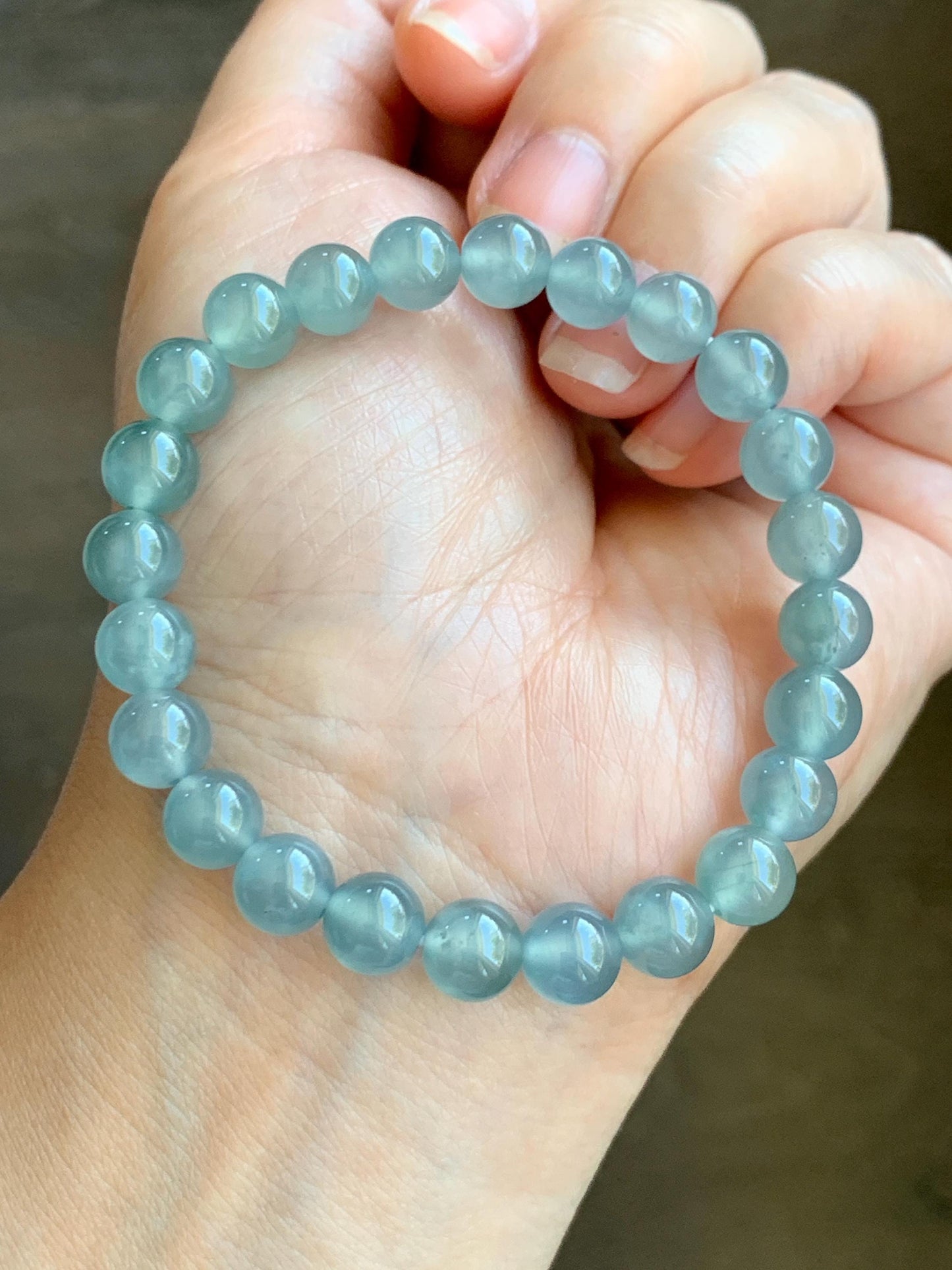 Natural Grade A Guatemalan Icy Highly Translucent Light Teal Blue Jadeite Beaded Bracelet 7.8mm 6.75” 19g 天然冰危浅蓝水翡翠手串 QWL450B