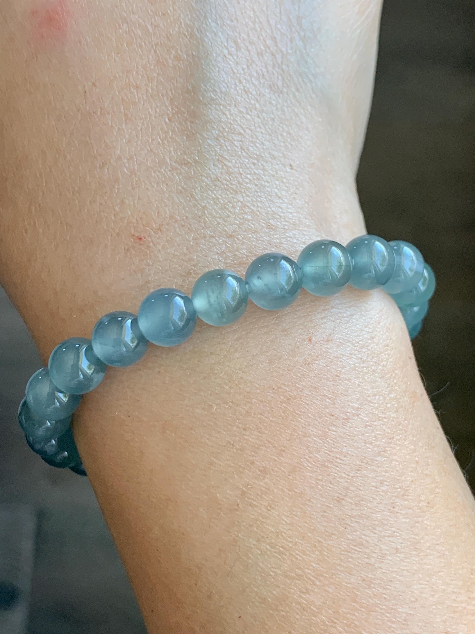 Natural Grade A Guatemalan Icy Highly Translucent Light Teal Blue Jadeite Beaded Bracelet 7.8mm 6.75” 19g 天然冰危浅蓝水翡翠手串 QWL450B