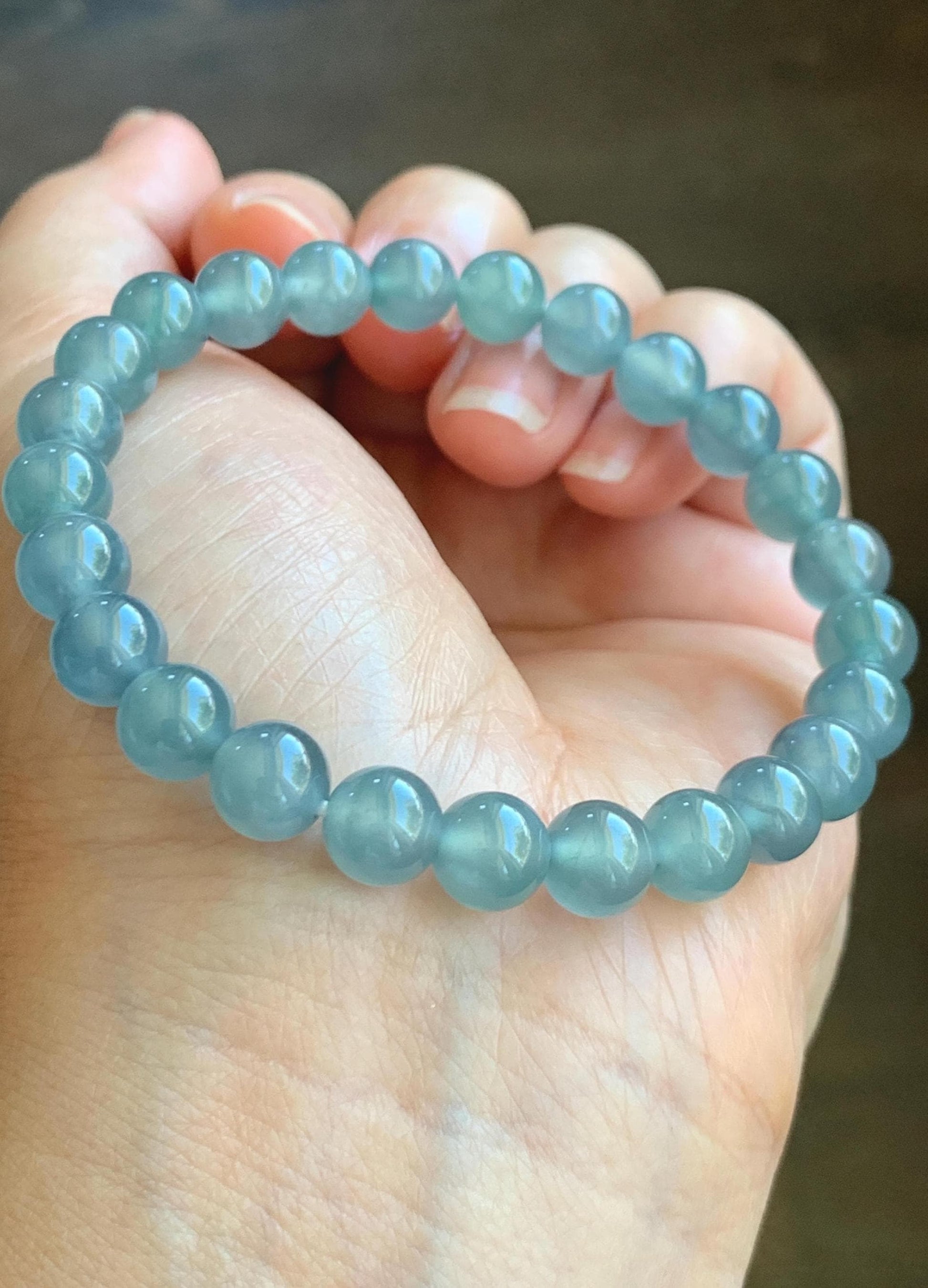 Natural Grade A Guatemalan Icy Highly Translucent Light Teal Blue Jadeite Beaded Bracelet 7.8mm 7.25” 20g 天然冰危浅蓝水翡翠手串 QWL450A