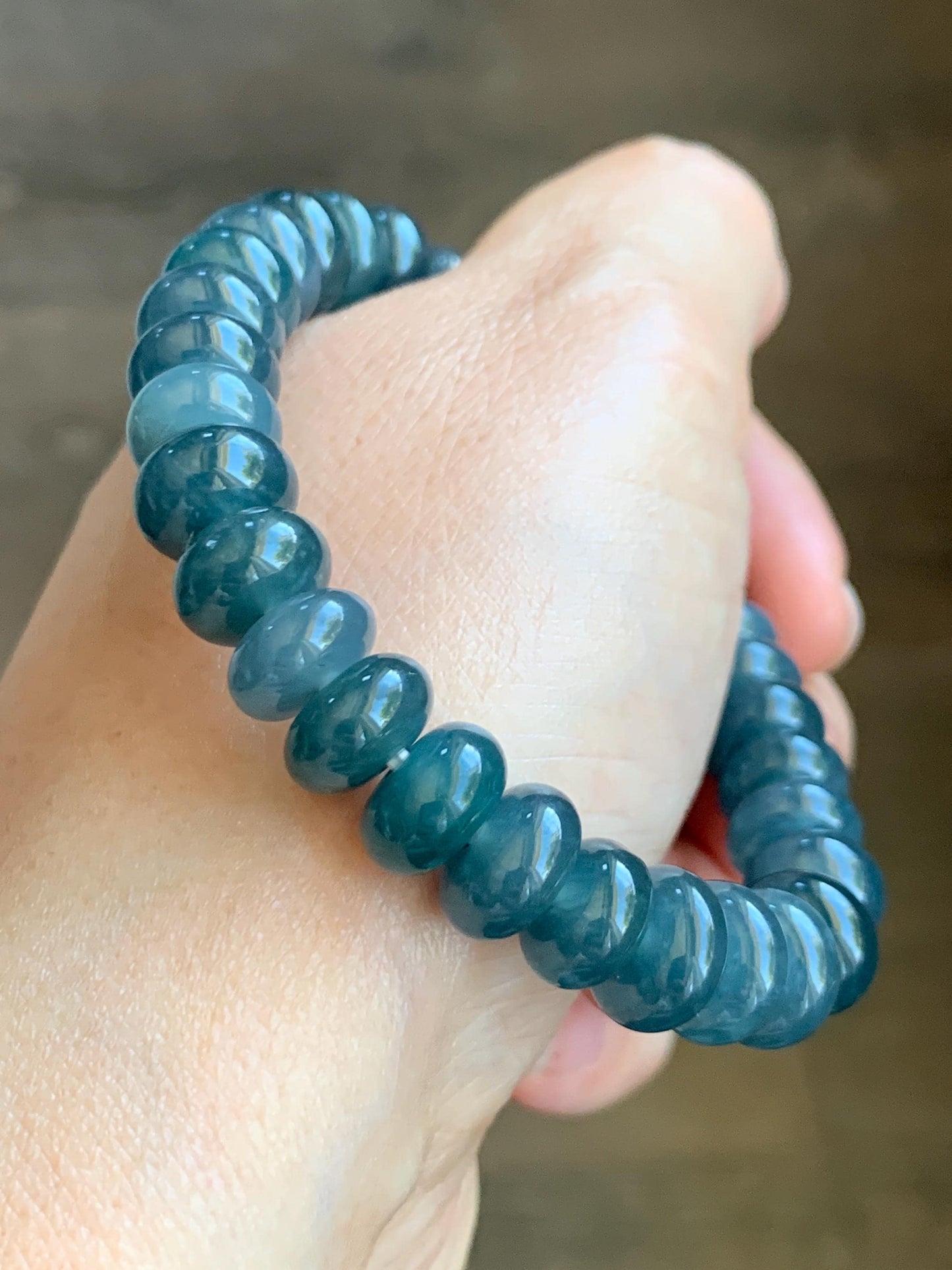 Natural Grade A Guatemalan Icy Translucent Dark Dusty Blue Jade Jadeite Drum Beads Beaded Bracelet Stretchy 7.25” 36g 天然冰危蓝水翡翠鼓珠手串 WNZ305A