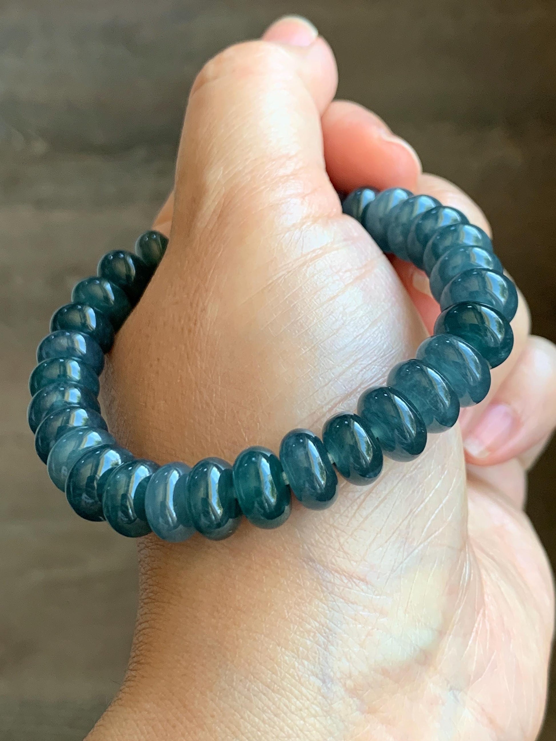 Natural Grade A Guatemalan Icy Translucent Dark Dusty Blue Jade Jadeite Drum Beads Beaded Bracelet Stretchy 7.25” 36g 天然冰危蓝水翡翠鼓珠手串 WNZ305A