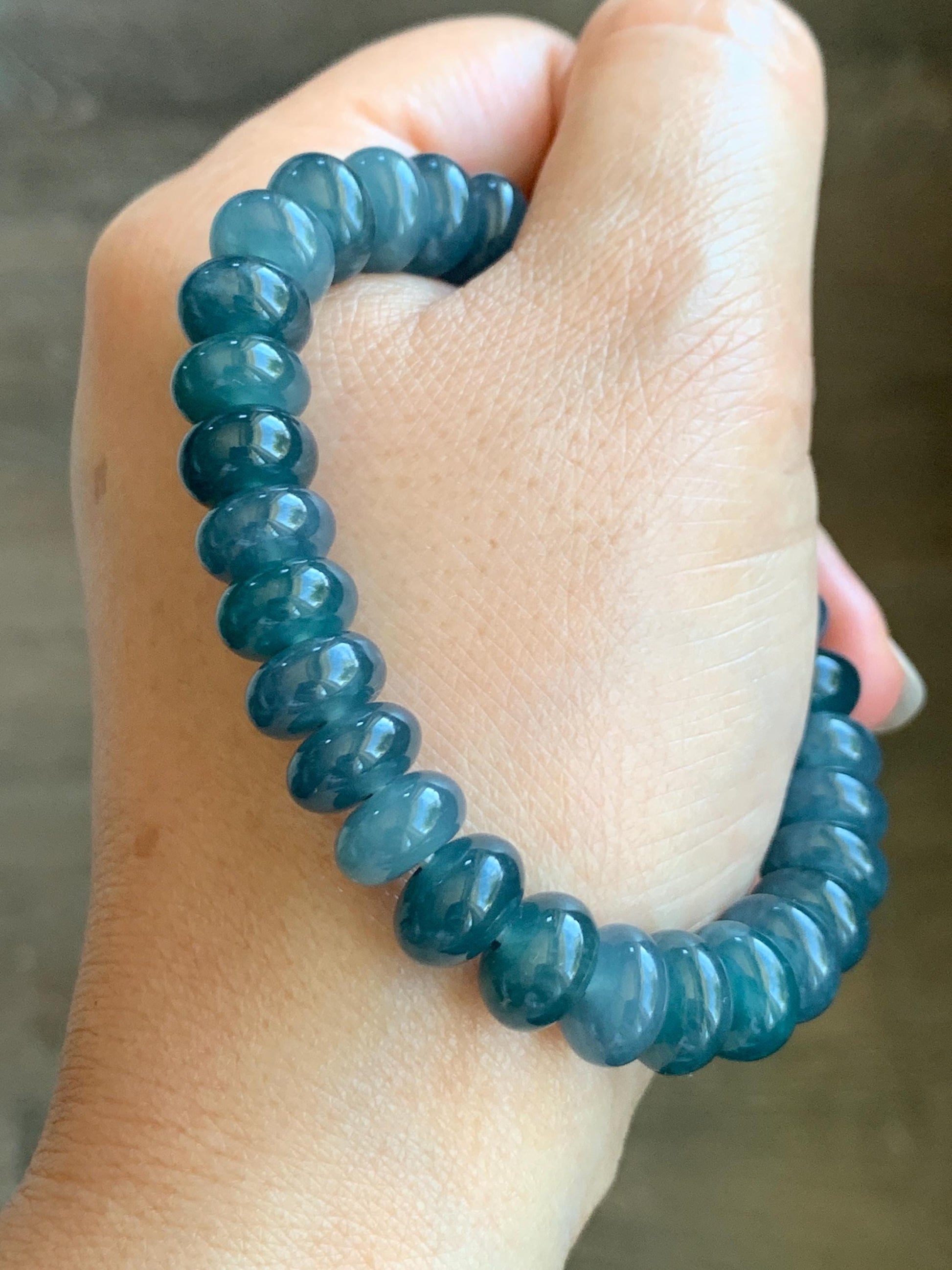 Natural Grade A Guatemalan Icy Translucent Dark Dusty Blue Jade Jadeite Drum Beads Beaded Bracelet Stretchy 7.25” 36g 天然冰危蓝水翡翠鼓珠手串 WNZ305A