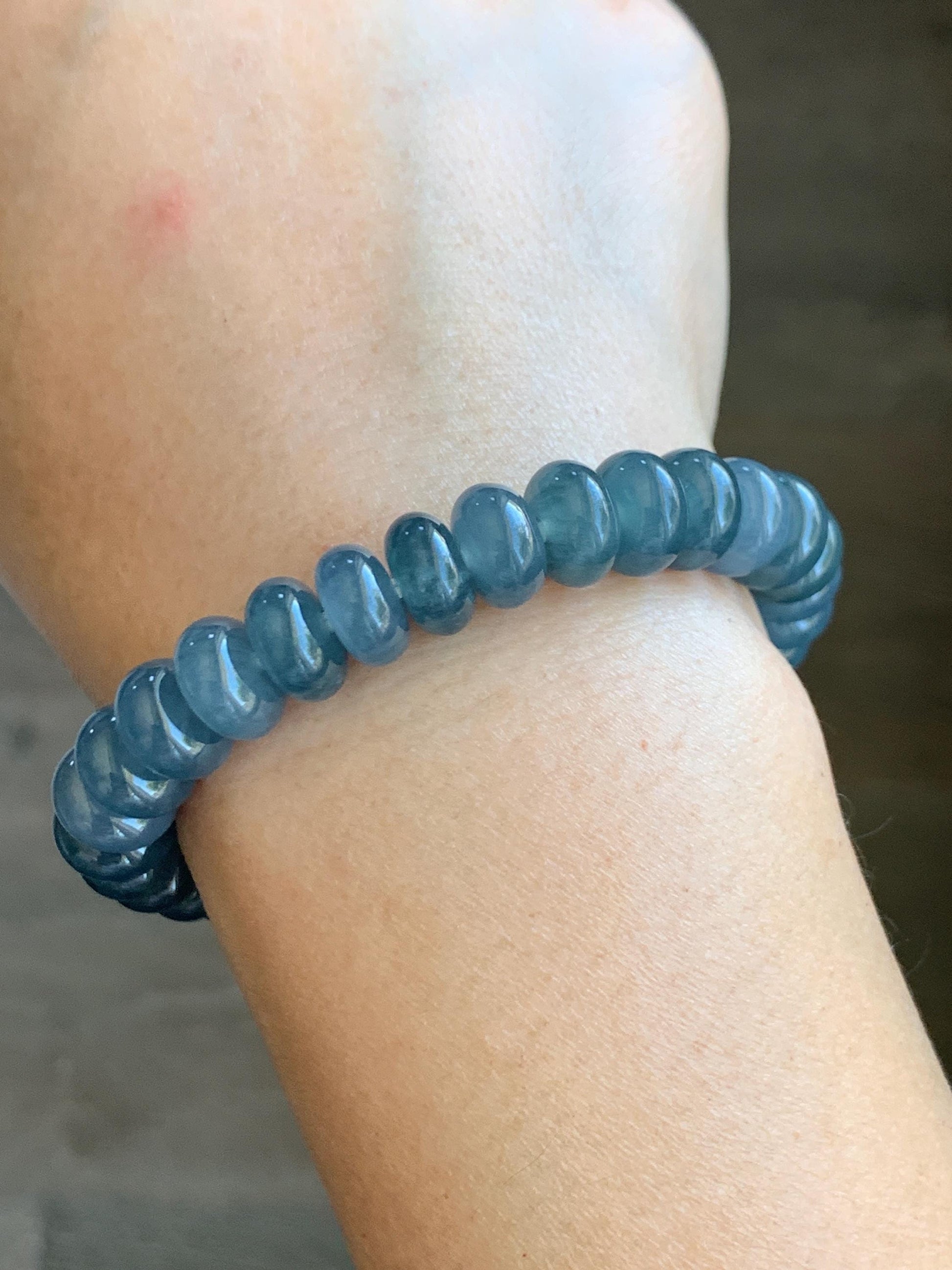 Natural Grade A Guatemalan Icy Translucent Dark Dusty Blue Jade Jadeite Drum Beads Beaded Bracelet Stretchy 7” 35g 天然冰危蓝水翡翠鼓珠手串 WNZ305B