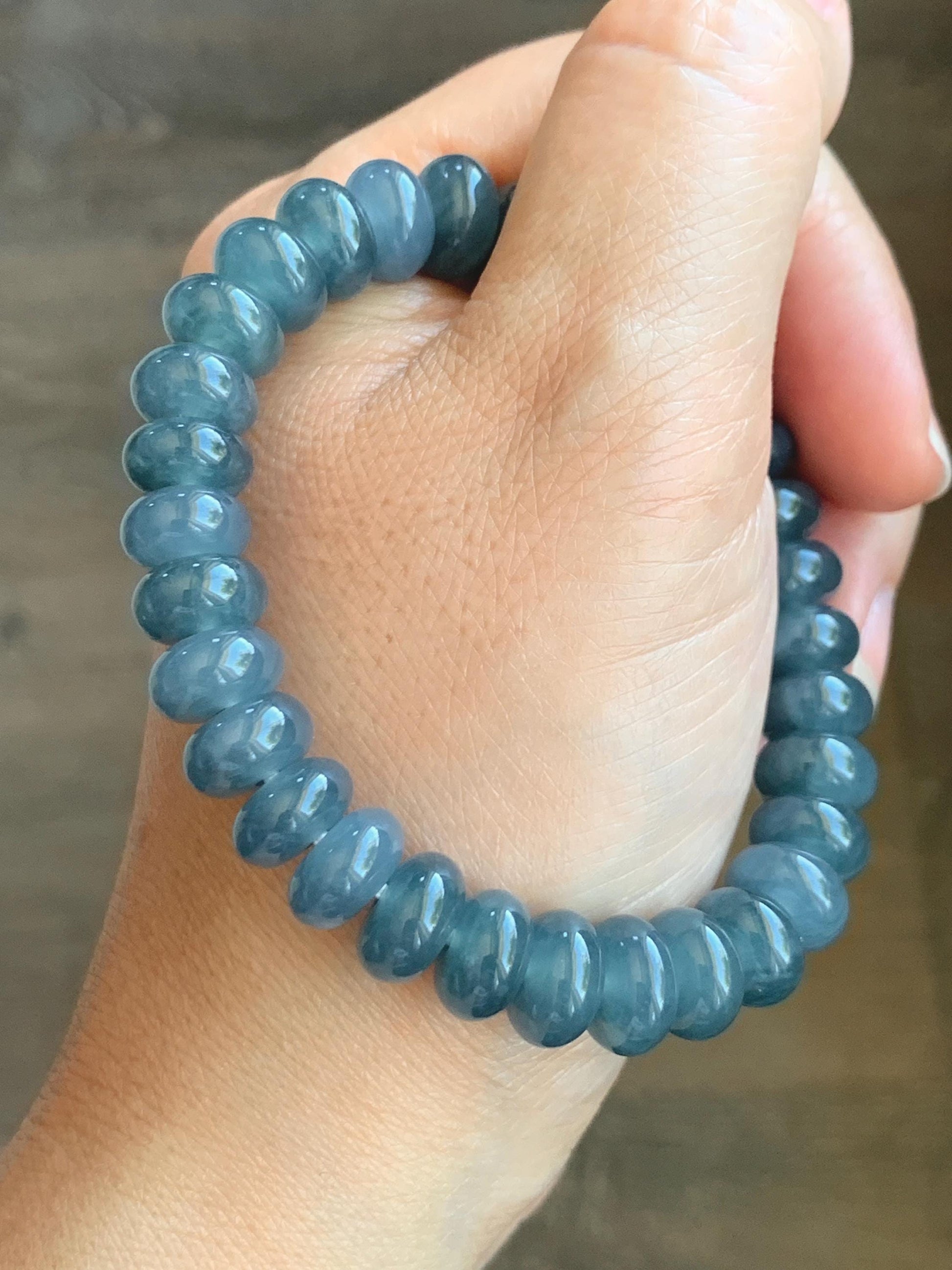 Natural Grade A Guatemalan Icy Translucent Dark Dusty Blue Jade Jadeite Drum Beads Beaded Bracelet Stretchy 7” 35g 天然冰危蓝水翡翠鼓珠手串 WNZ305B