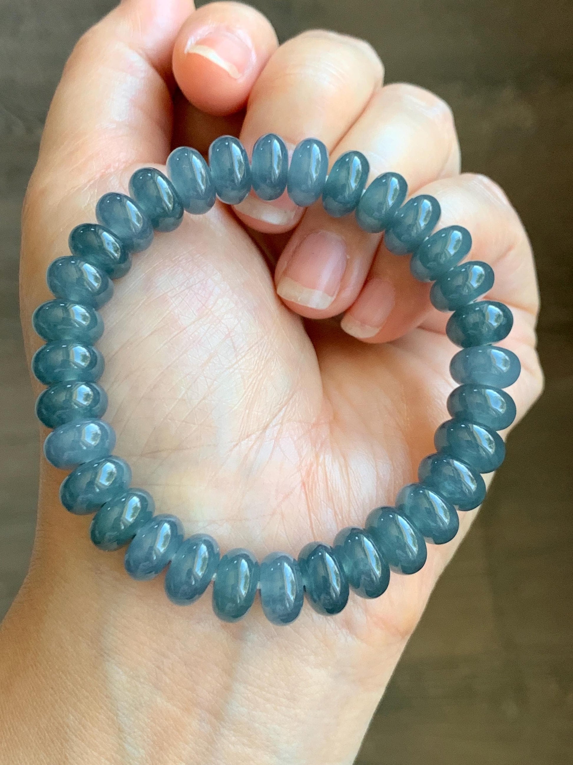 Natural Grade A Guatemalan Icy Translucent Dark Dusty Blue Jade Jadeite Drum Beads Beaded Bracelet Stretchy 7” 35g 天然冰危蓝水翡翠鼓珠手串 WNZ305B
