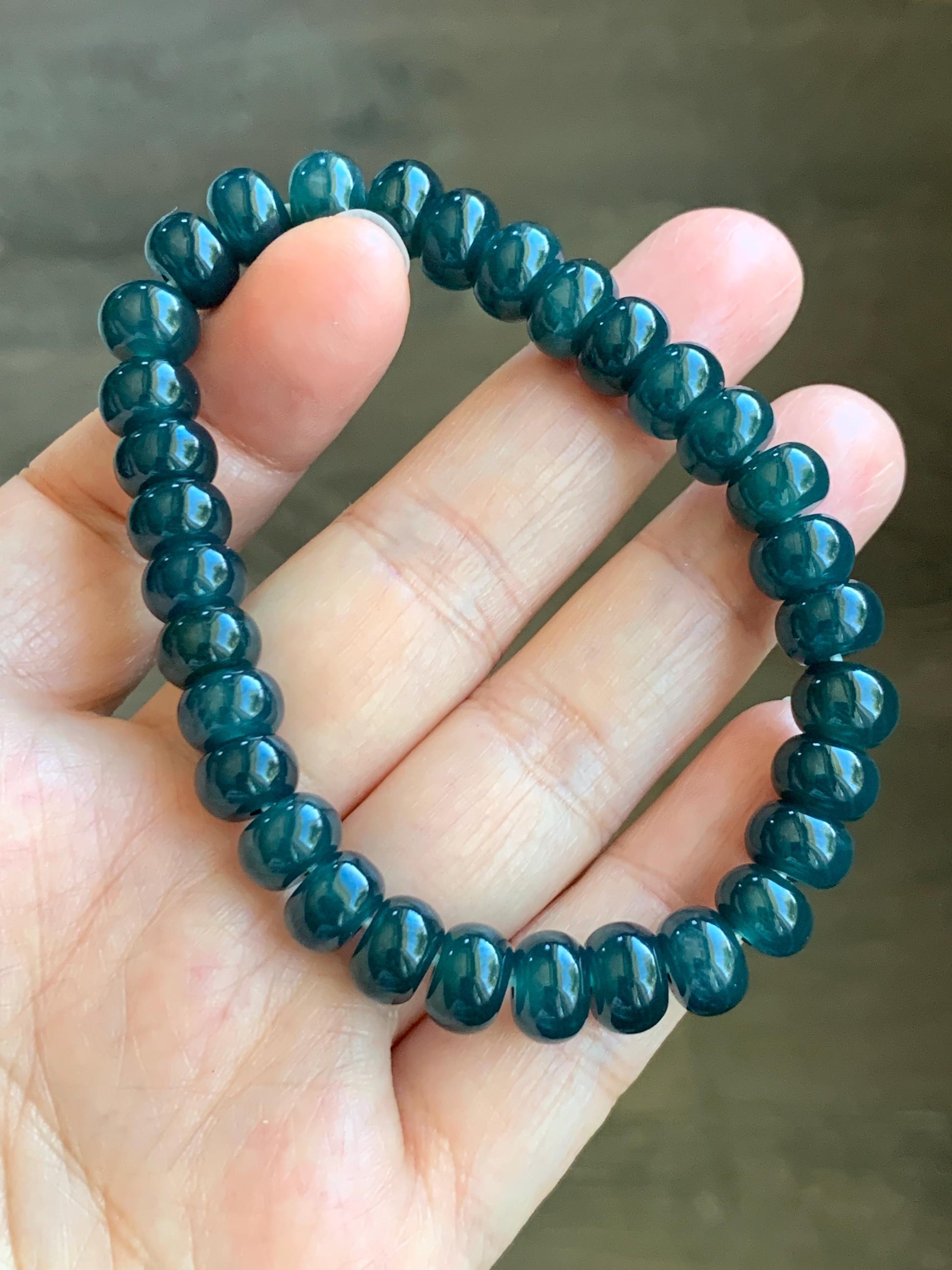 Natural Grade A Guatemalan Icy Translucent Dark Aegean Blue Jade Jadeite Flat Beads Beaded Bracelet Stretchy 7.25” 天然冰危蓝深牛仔蓝翡翠算盘珠手串 SWLP150