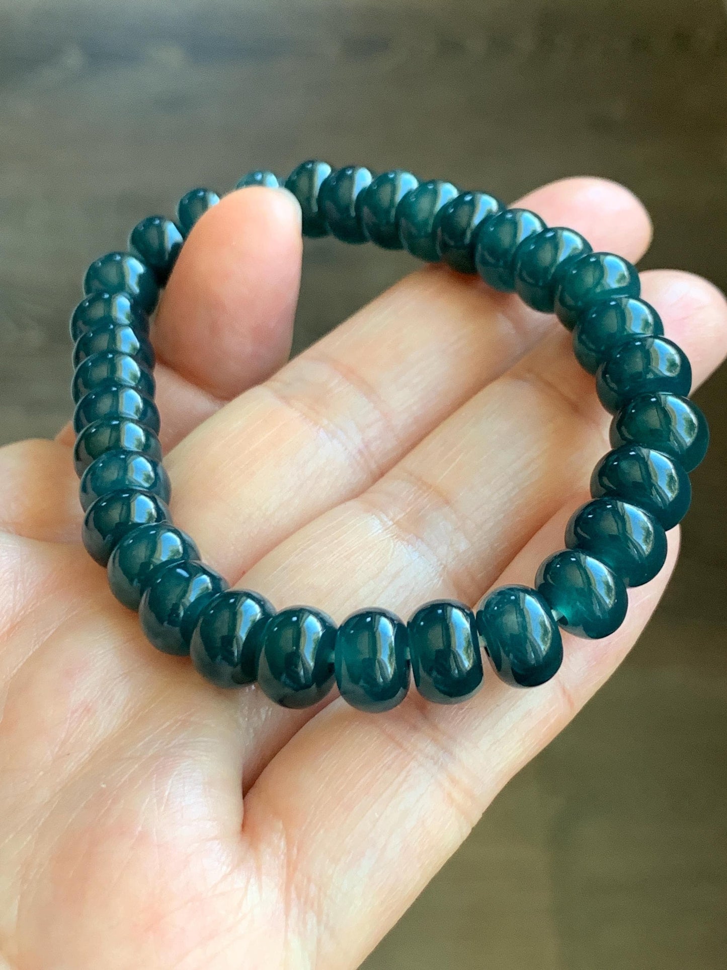 Natural Grade A Guatemalan Icy Translucent Dark Aegean Blue Jade Jadeite Flat Beads Beaded Bracelet Stretchy 7.25” 天然冰危蓝深牛仔蓝翡翠算盘珠手串 SWLP150