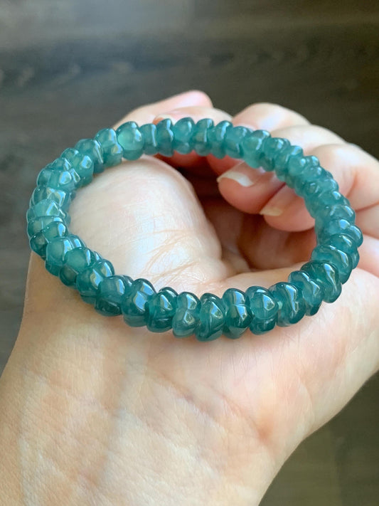 Natural Grade A Icy Translucent Gelatinous Jade Jadeite Carved Osmanthus Flower Beads Beaded Bracelet 6.75” 23g 天然冰胶危蓝翡翠桂花珠手串 WLGH308