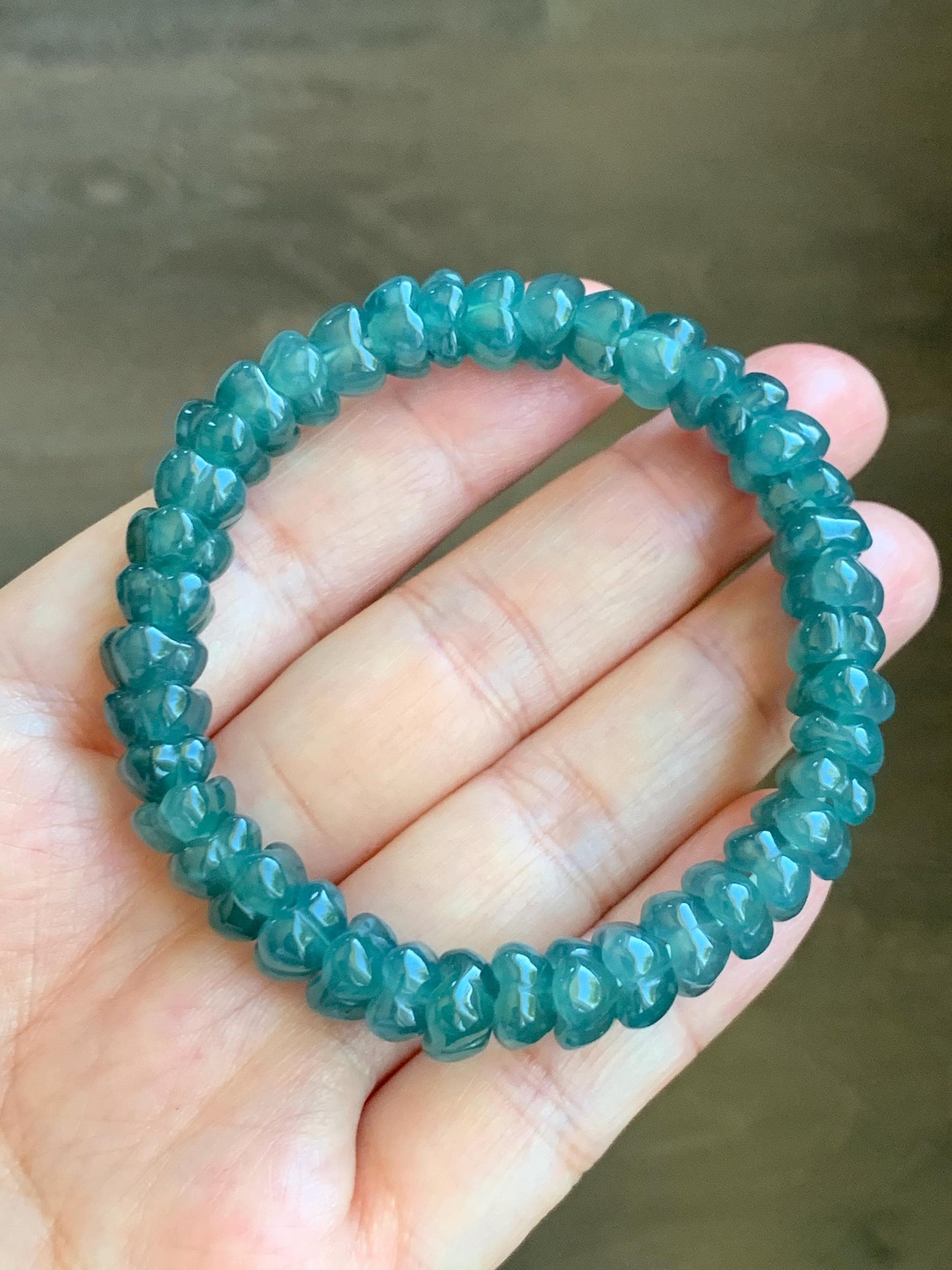 Natural Grade A Icy Translucent Gelatinous Jade Jadeite Carved Osmanthus Flower Beads Beaded Bracelet 6.75” 23g 天然冰胶危蓝翡翠桂花珠手串 WLGH308