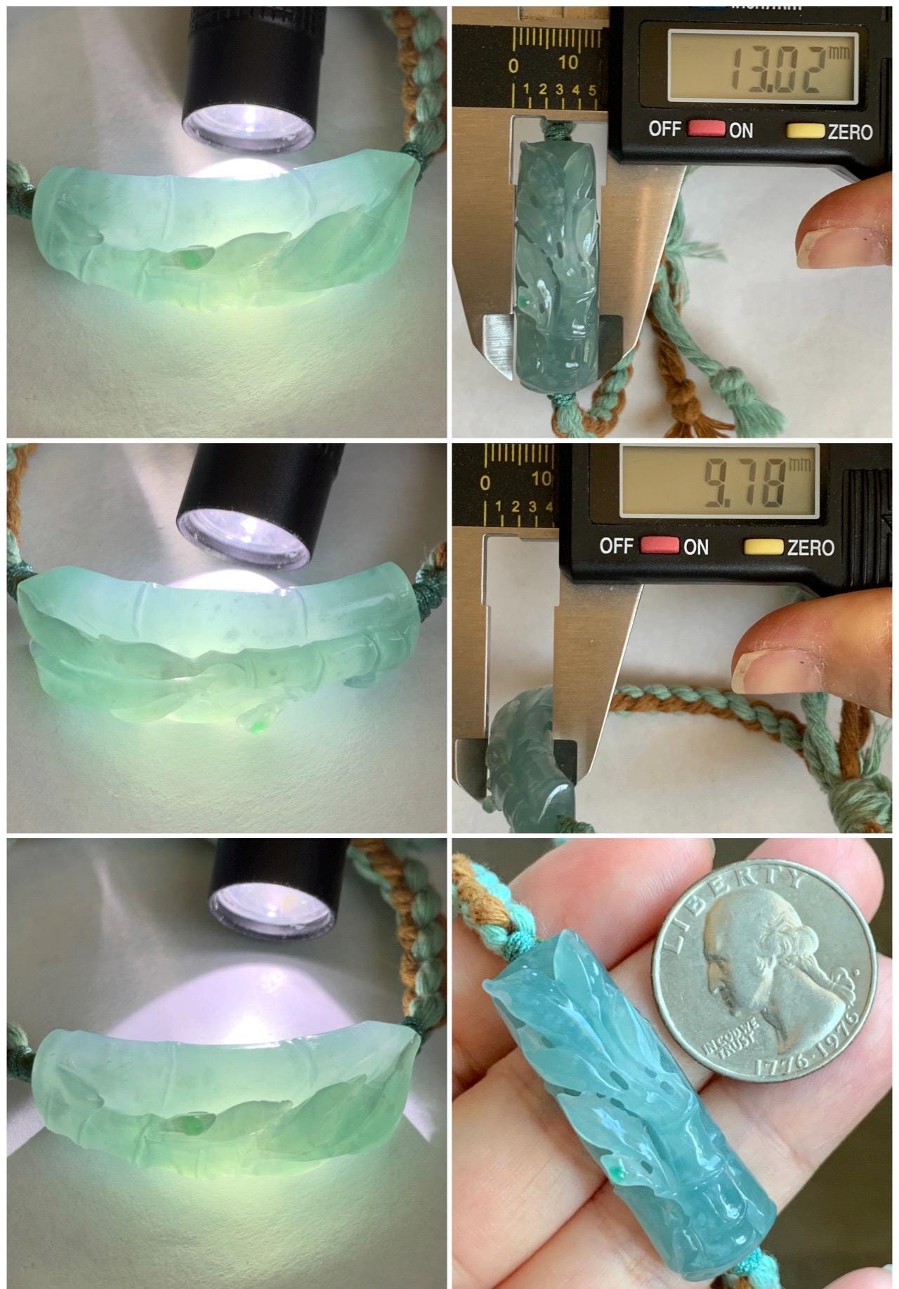 Natural Grade A Guatemalan Icy Translucent Gelatinous Light Teal Blue Jadeite Bamboo Cuff Rope Bracelet 6” 13g 天然冰胶老种危浅蓝翡翠竹节手牌手绳 QWZH195A