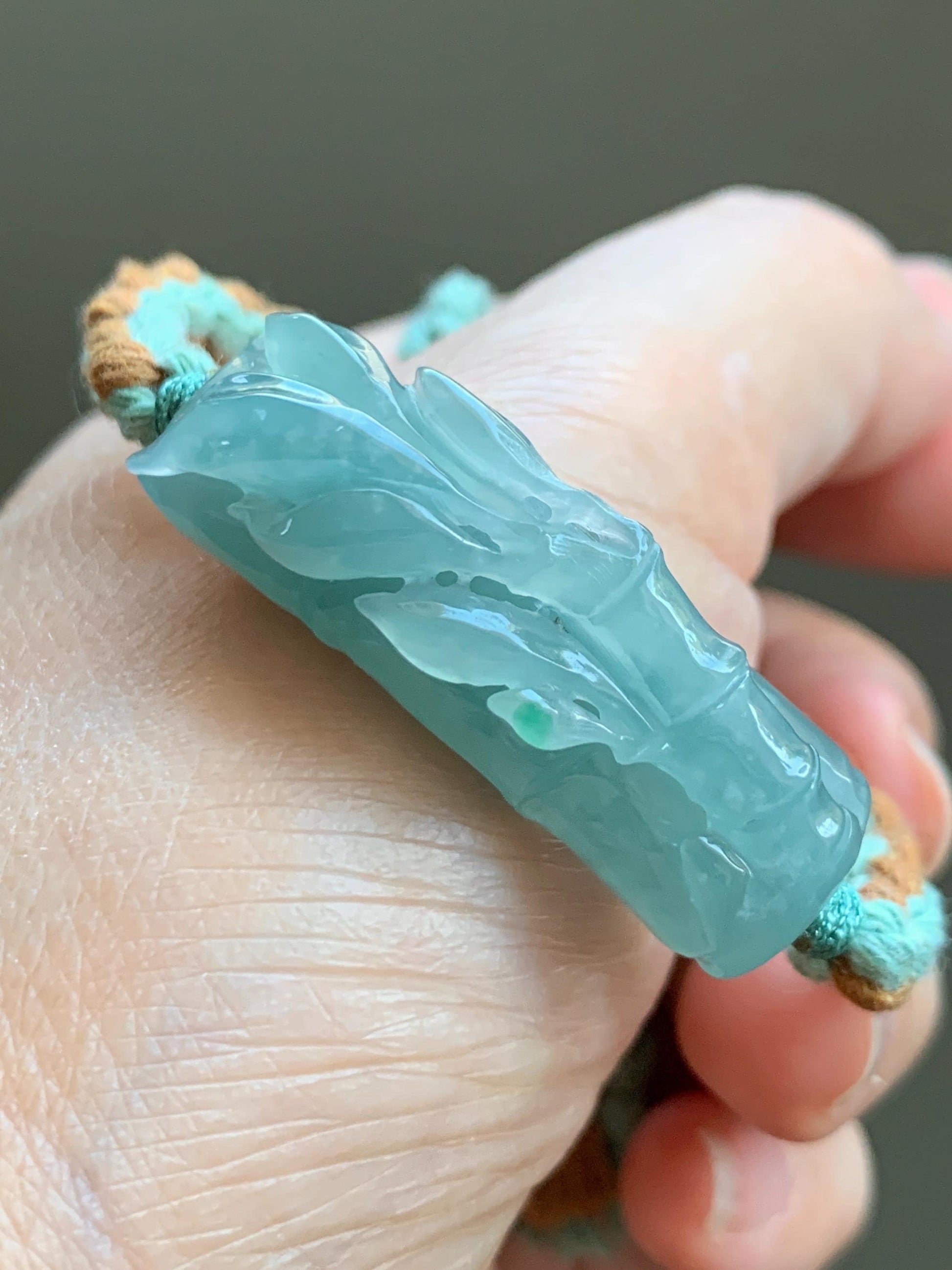 Natural Grade A Guatemalan Icy Translucent Gelatinous Light Teal Blue Jadeite Bamboo Cuff Rope Bracelet 6” 13g 天然冰胶老种危浅蓝翡翠竹节手牌手绳 QWZH195A