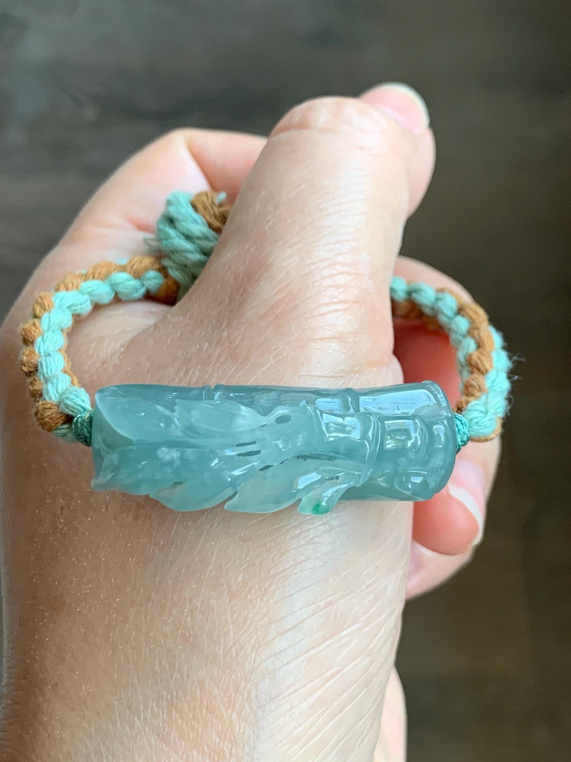 Natural Grade A Guatemalan Icy Translucent Gelatinous Light Teal Blue Jadeite Bamboo Cuff Rope Bracelet 6” 13g 天然冰胶老种危浅蓝翡翠竹节手牌手绳 QWZH195A