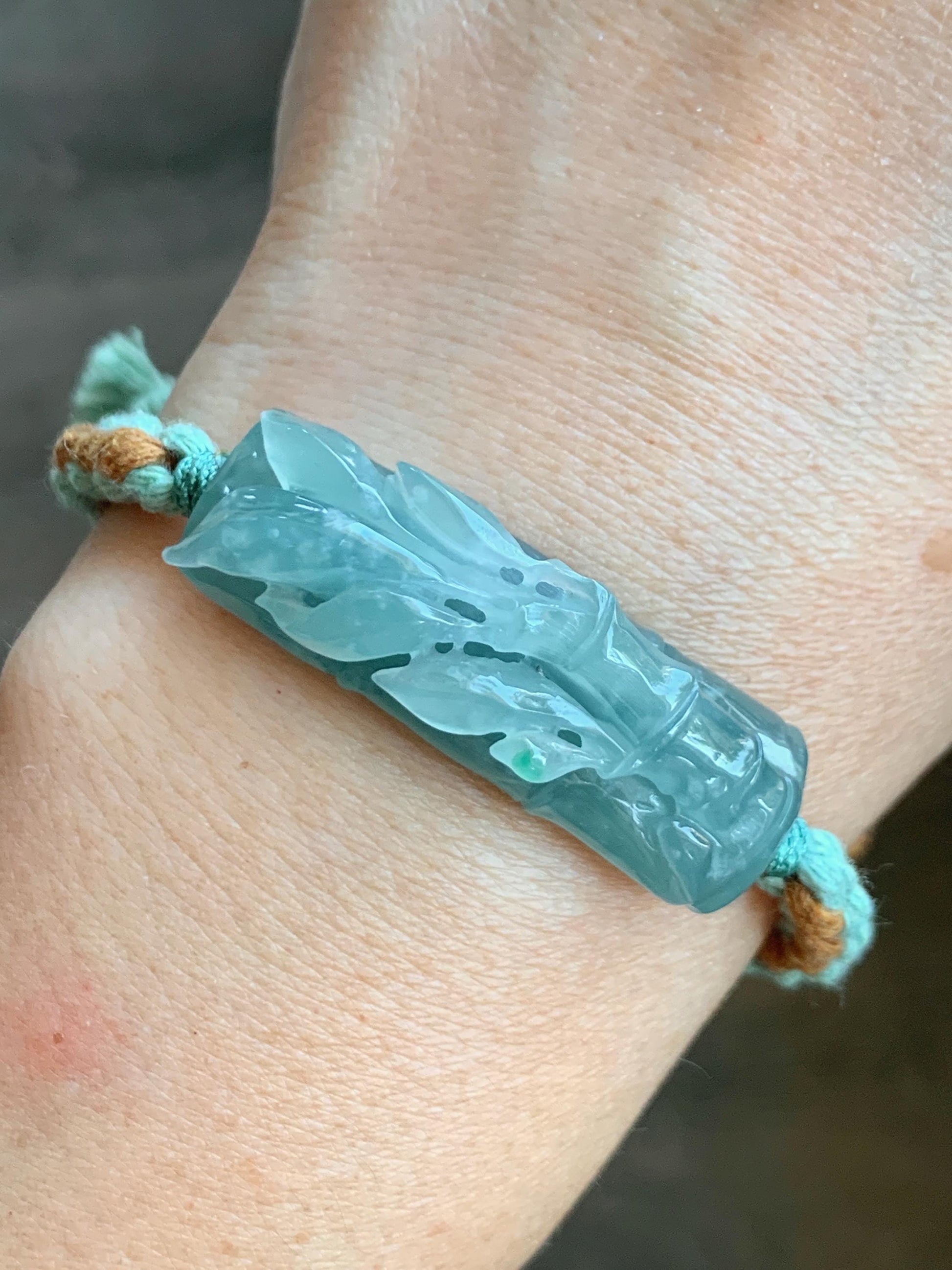 Natural Grade A Guatemalan Icy Translucent Gelatinous Light Teal Blue Jadeite Bamboo Cuff Rope Bracelet 6” 13g 天然冰胶老种危浅蓝翡翠竹节手牌手绳 QWZH195A