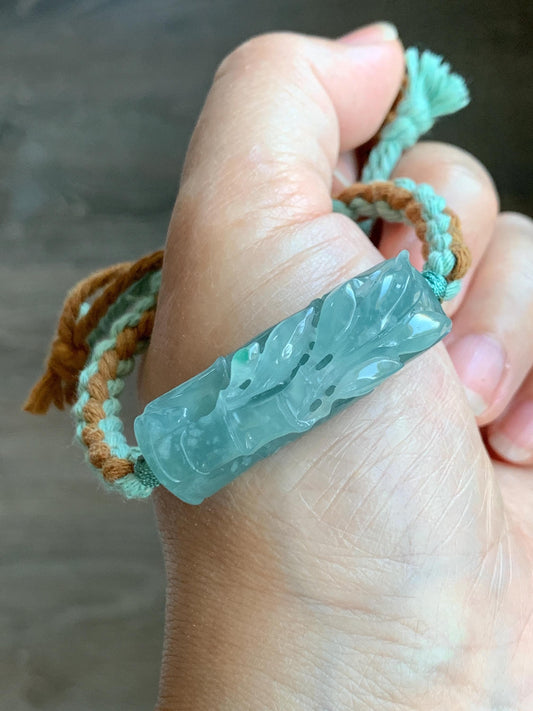 Natural Grade A Guatemalan Icy Translucent Gelatinous Light Teal Blue Jadeite Bamboo Cuff Rope Bracelet 6” 13g 天然冰胶老种危浅蓝翡翠竹节手牌手绳 QWZH195A