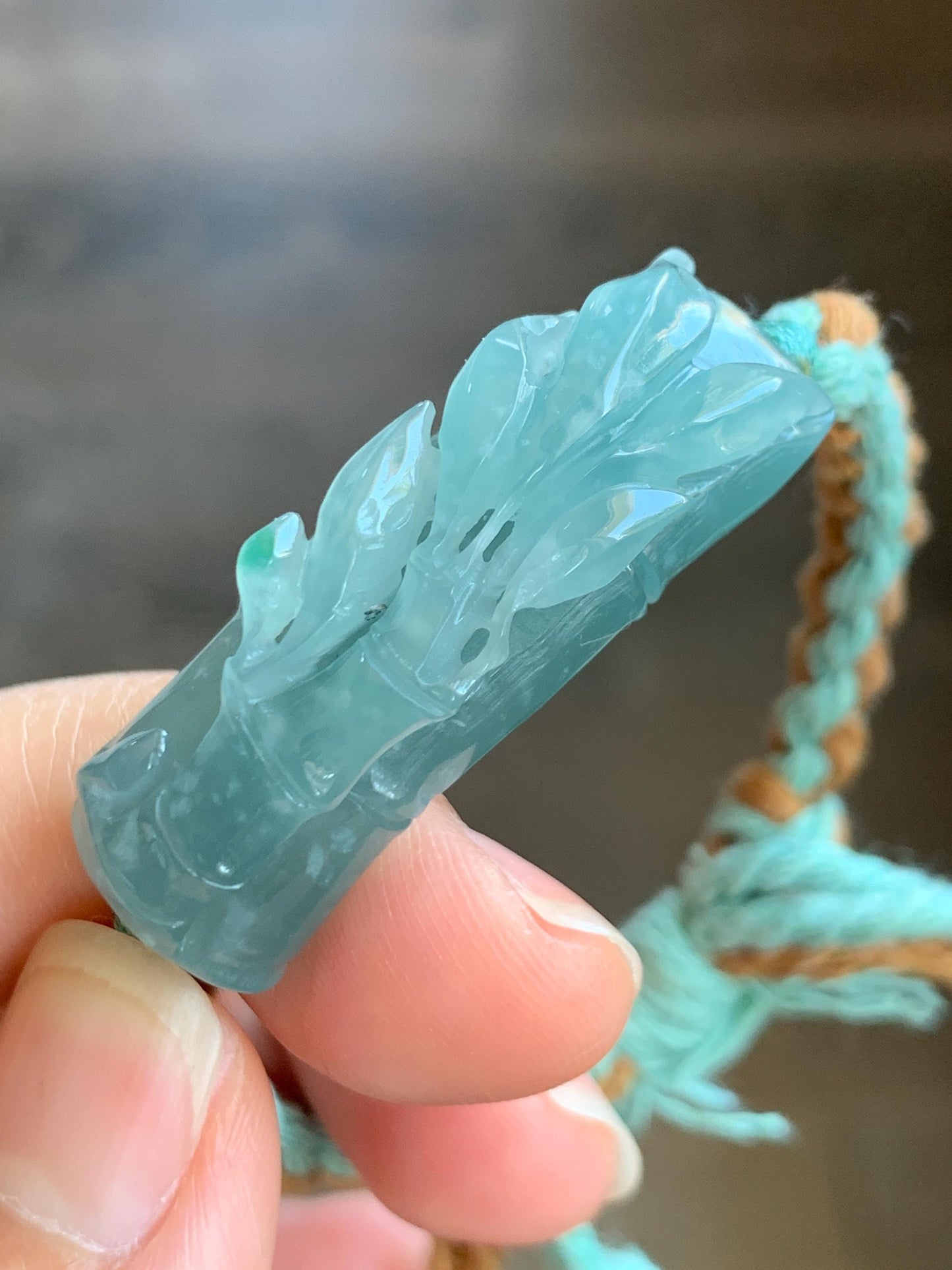 Natural Grade A Guatemalan Icy Translucent Gelatinous Light Teal Blue Jadeite Bamboo Cuff Rope Bracelet 6” 13g 天然冰胶老种危浅蓝翡翠竹节手牌手绳 QWZH195A