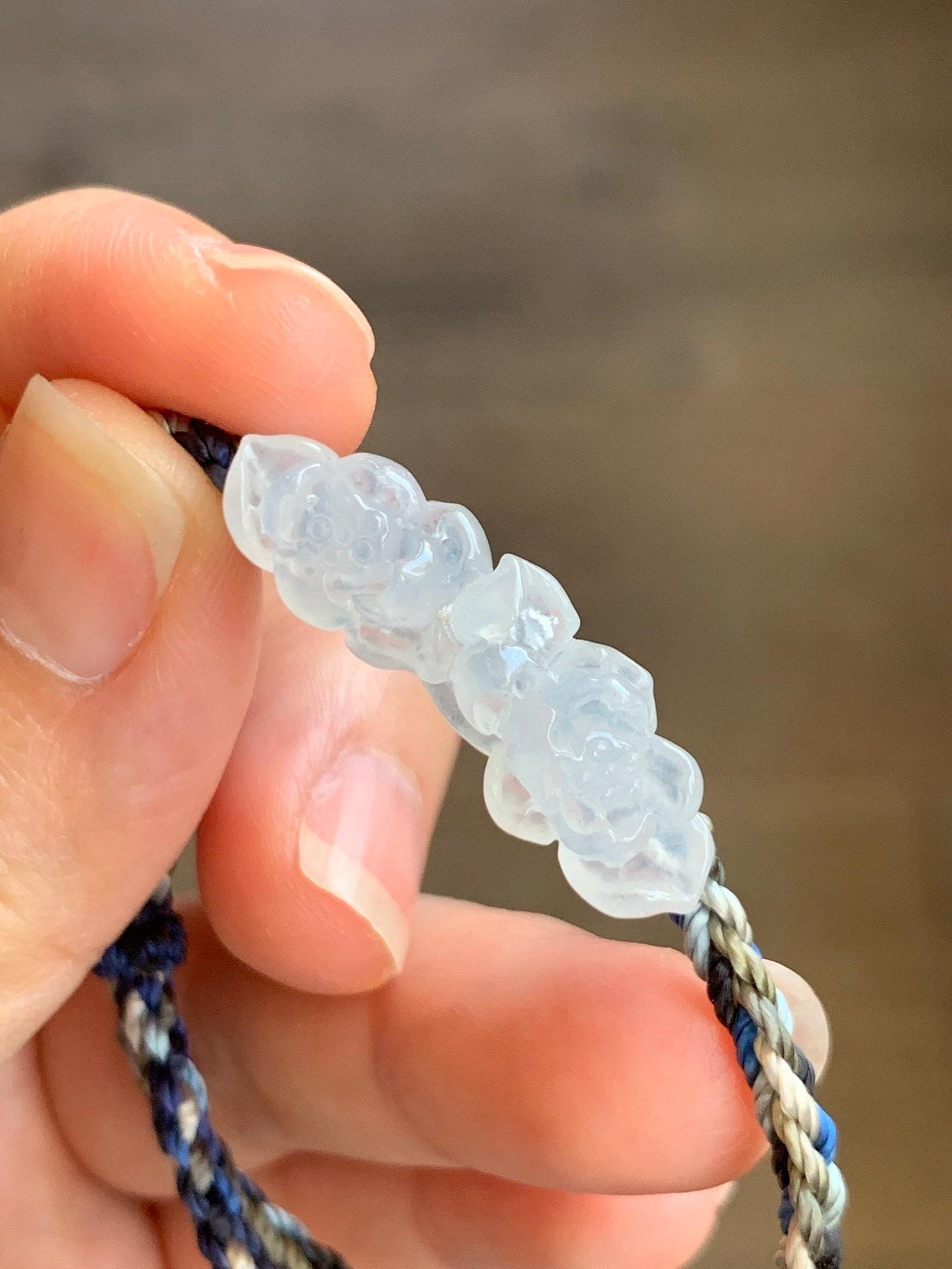 Natural Grade A Icy Highly Translucent White Jade Jadeite Carved Double Lotus Flower Rope Bracelet Adjustable 天然冰胶白翡翠双莲花手绳 MSLH130B