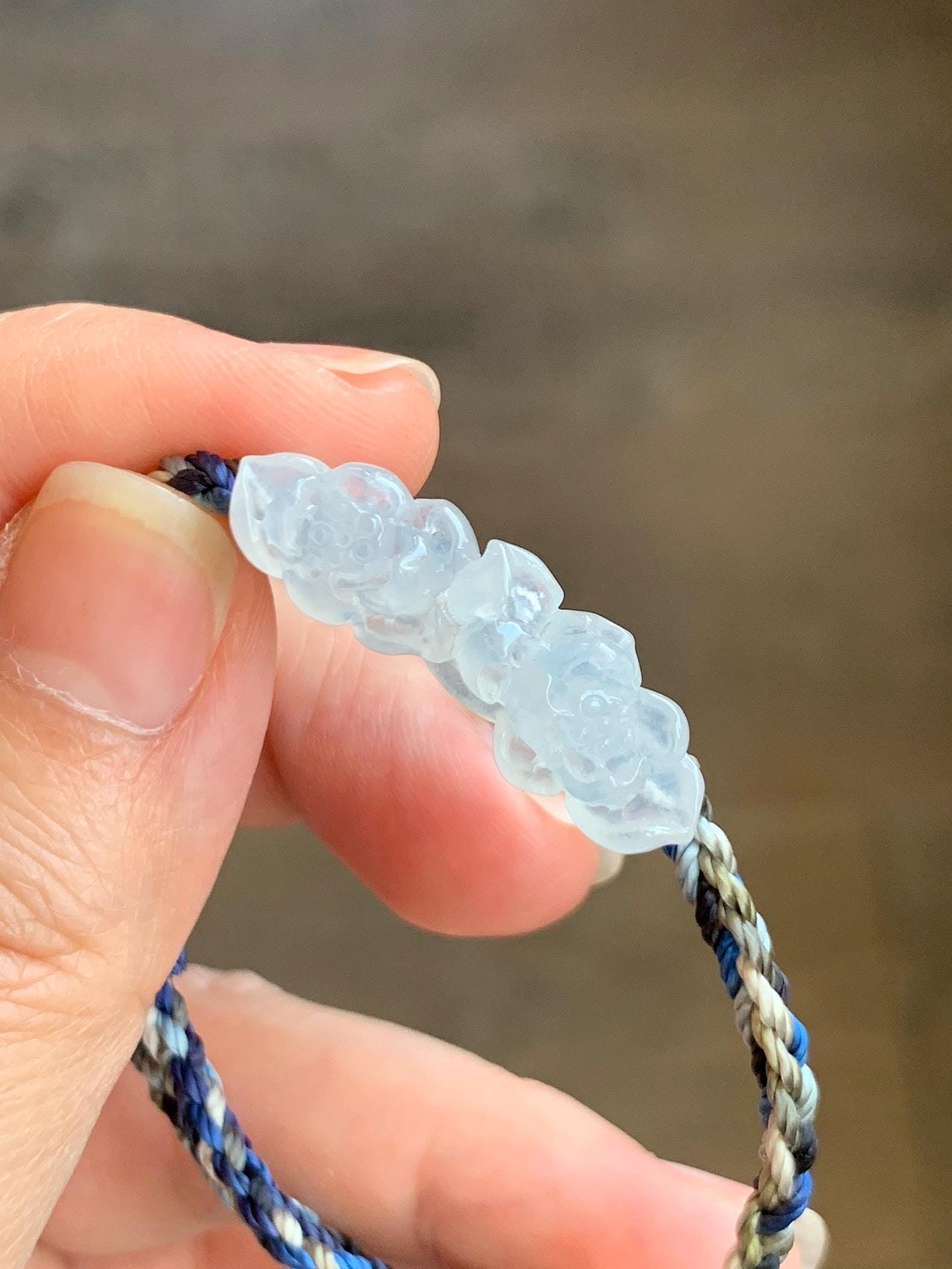 Natural Grade A Icy Highly Translucent White Jade Jadeite Carved Double Lotus Flower Rope Bracelet Adjustable 天然冰胶白翡翠双莲花手绳 MSLH130B