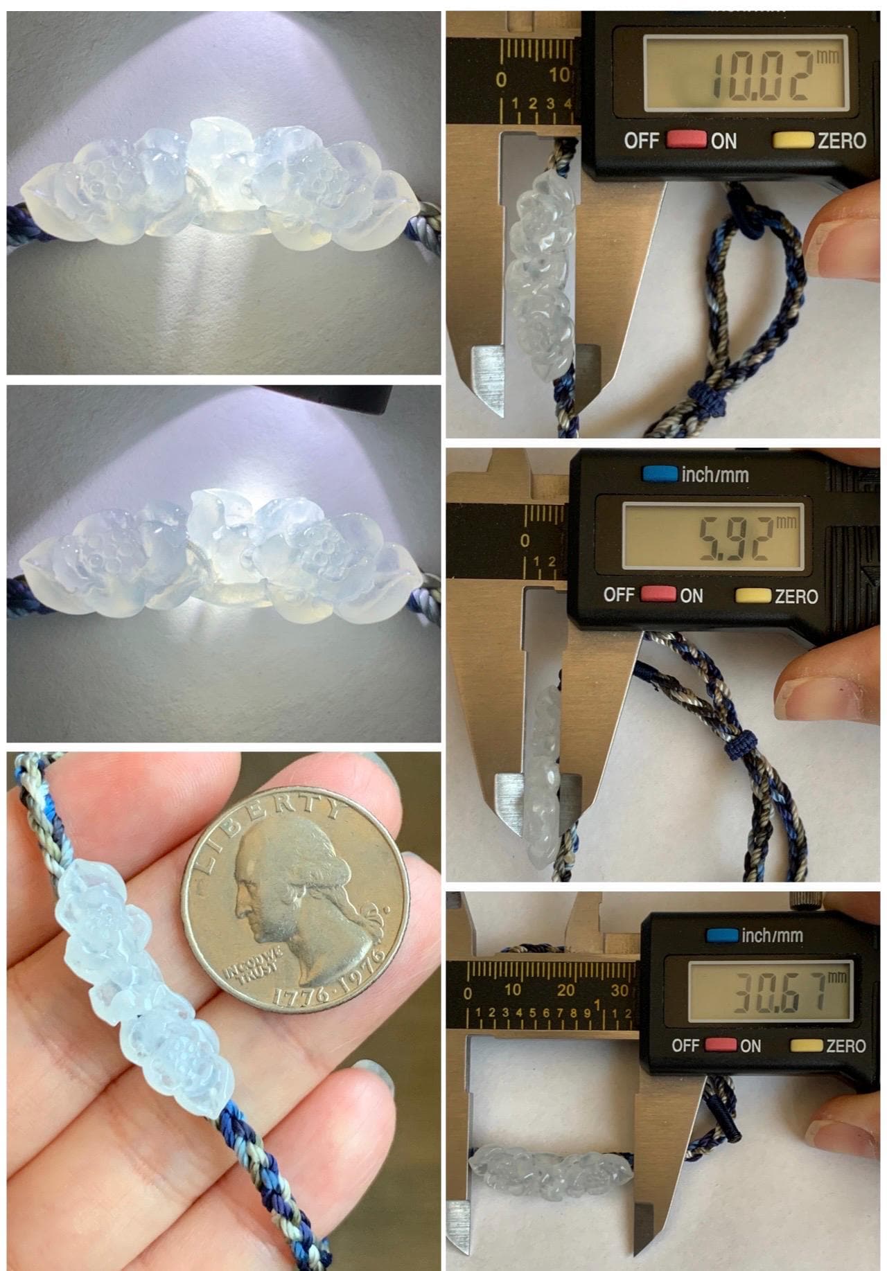 Natural Grade A Icy Highly Translucent White Jade Jadeite Carved Double Lotus Flower Rope Bracelet Adjustable 天然冰胶白翡翠双莲花手绳 MSLH130B