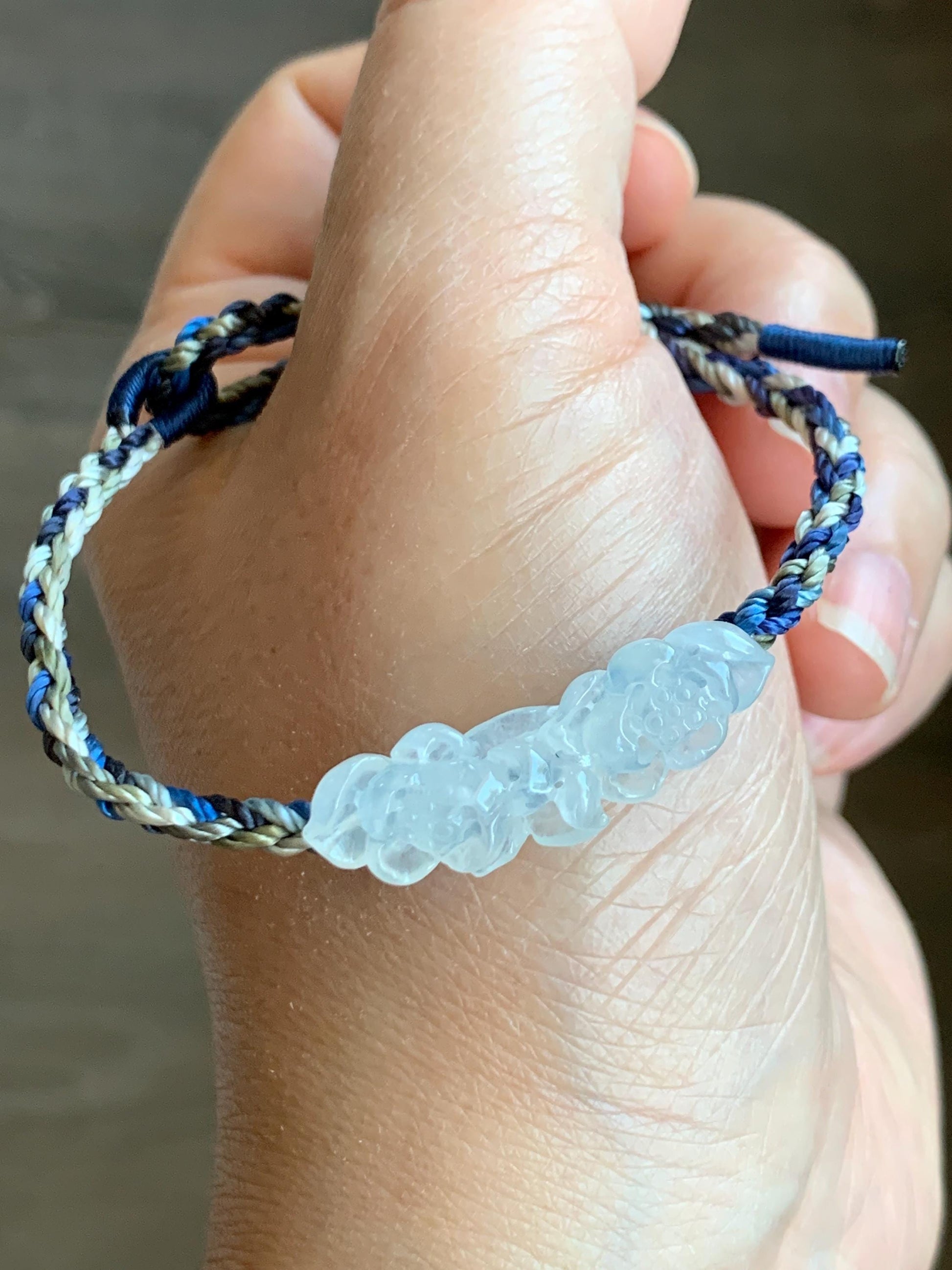 Natural Grade A Icy Highly Translucent White Jade Jadeite Carved Double Lotus Flower Rope Bracelet Adjustable 天然冰胶白翡翠双莲花手绳 MSLH130B
