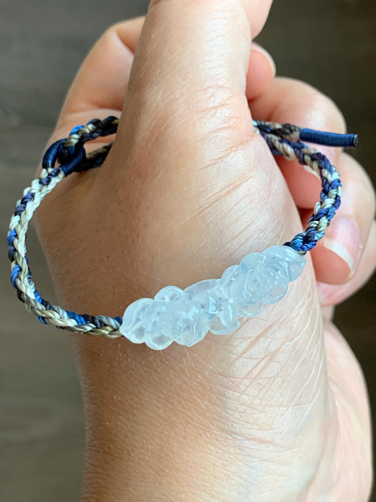 Natural Grade A Icy Highly Translucent White Jade Jadeite Carved Double Lotus Flower Rope Bracelet Adjustable 天然冰胶白翡翠双莲花手绳 MSLH130B