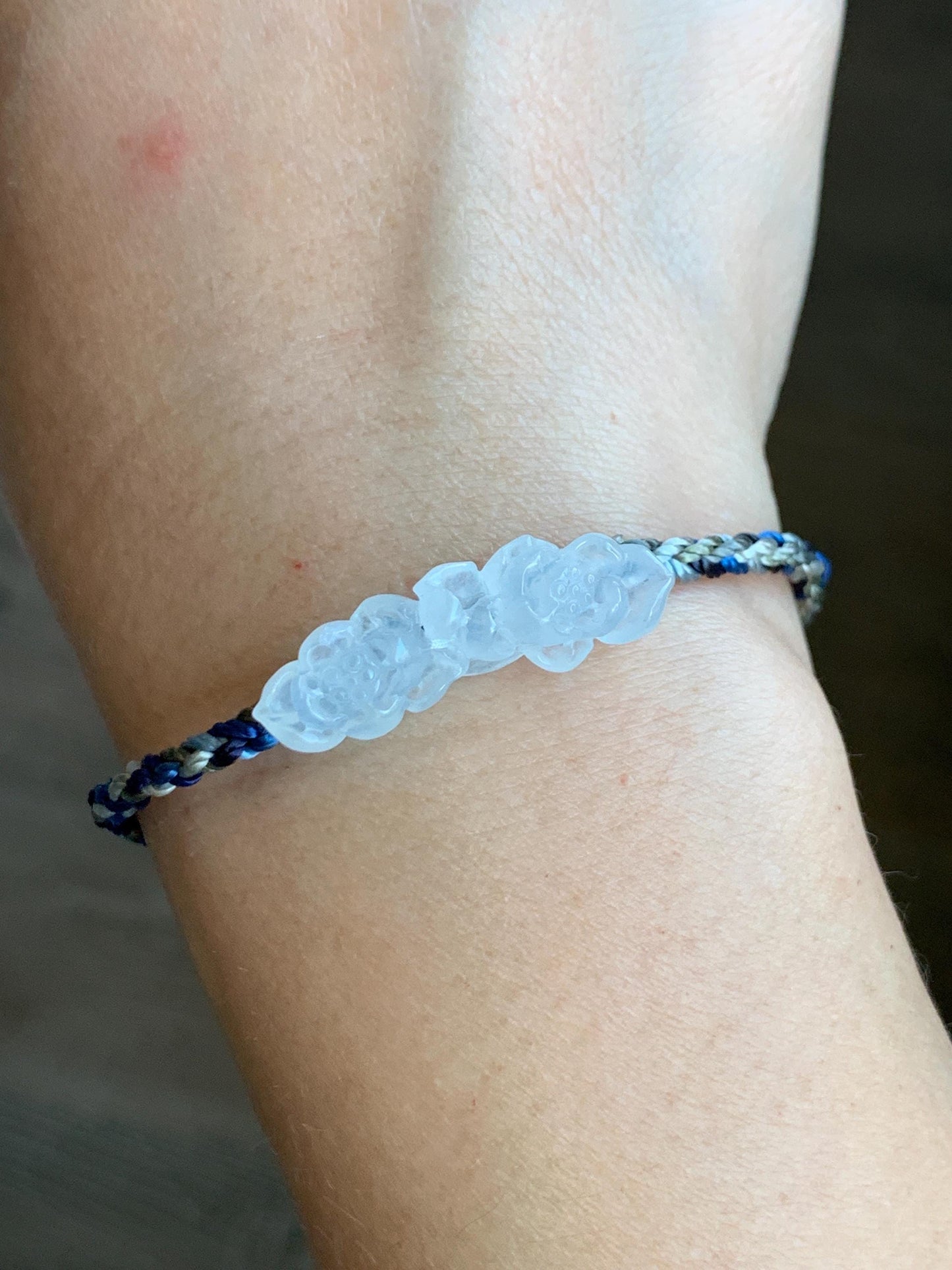Natural Grade A Icy Highly Translucent White Jade Jadeite Carved Double Lotus Flower Rope Bracelet Adjustable 天然冰胶白翡翠双莲花手绳 MSLH130B