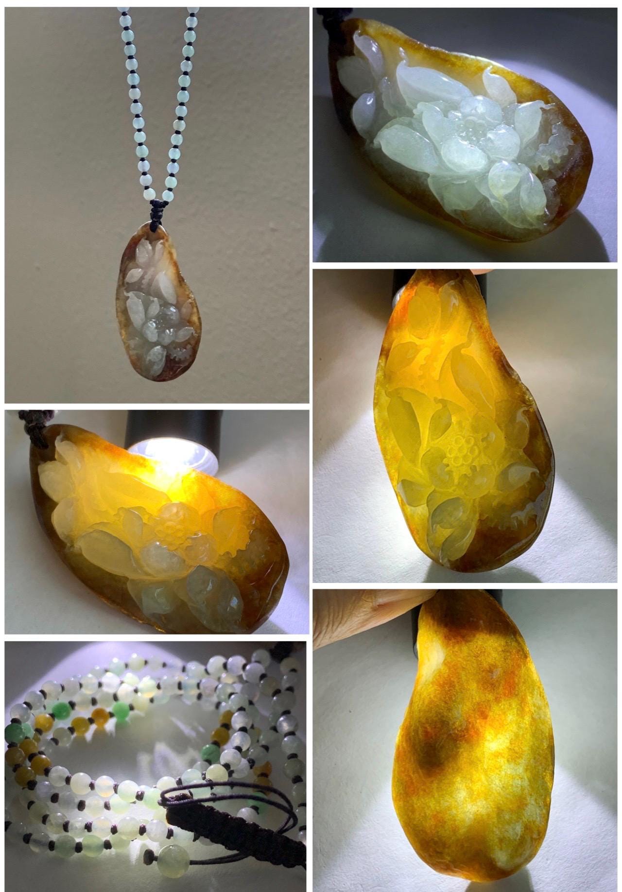 Natural Grade A Icy Translucent Bicolored Jade Jadeite Carved Lotus Flower Pendant Multicolored Beaded Necklace 22-25” 天然冰胶油黄皮翡翠莲花牌项链 HPL325